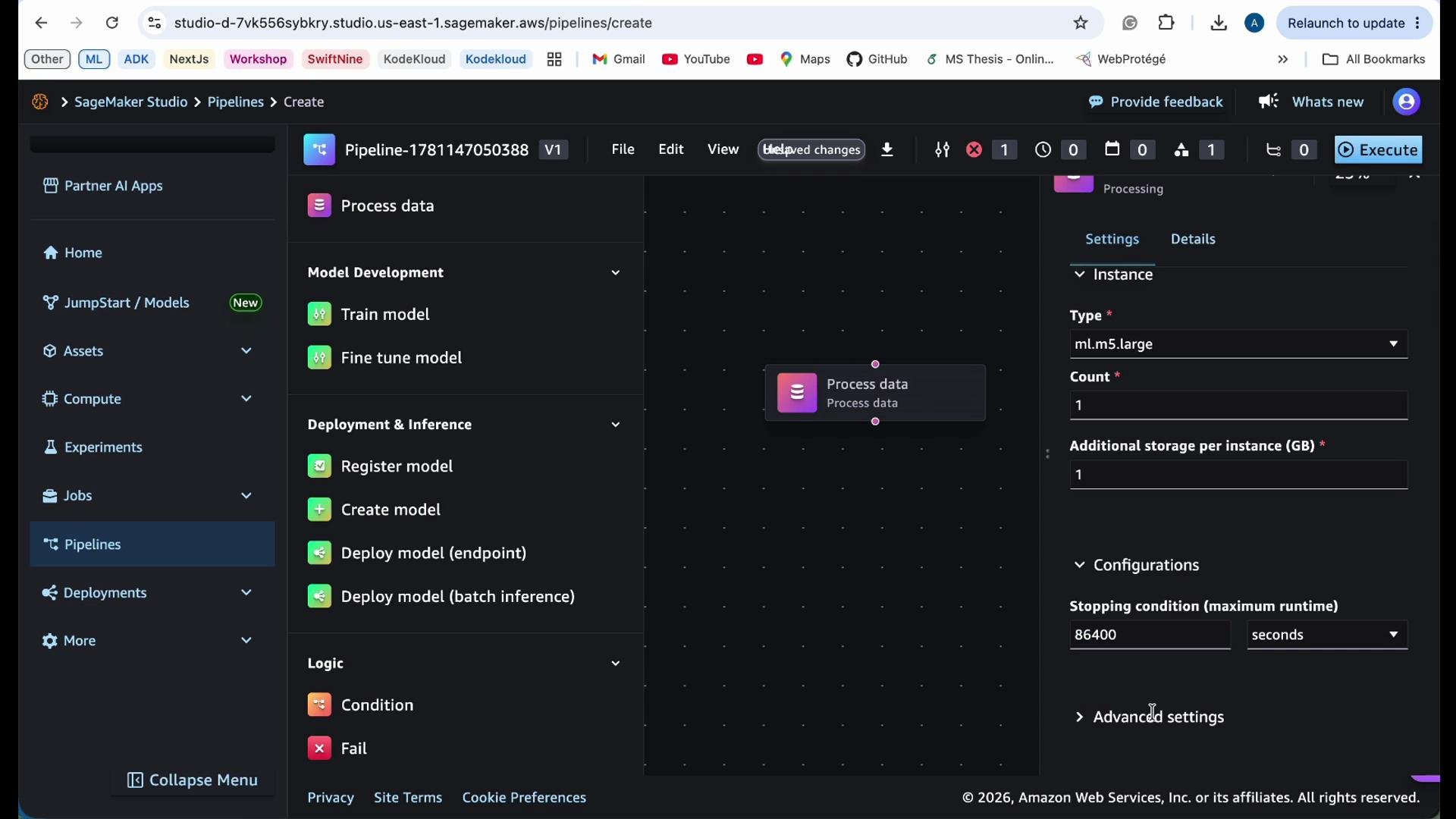 The image shows the interface of Amazon SageMaker Studio, specifically a pipeline creation view, with options for processing data, model development, deployment, and inference tasks. There are settings for selecting instance type and configurations for processing data.
