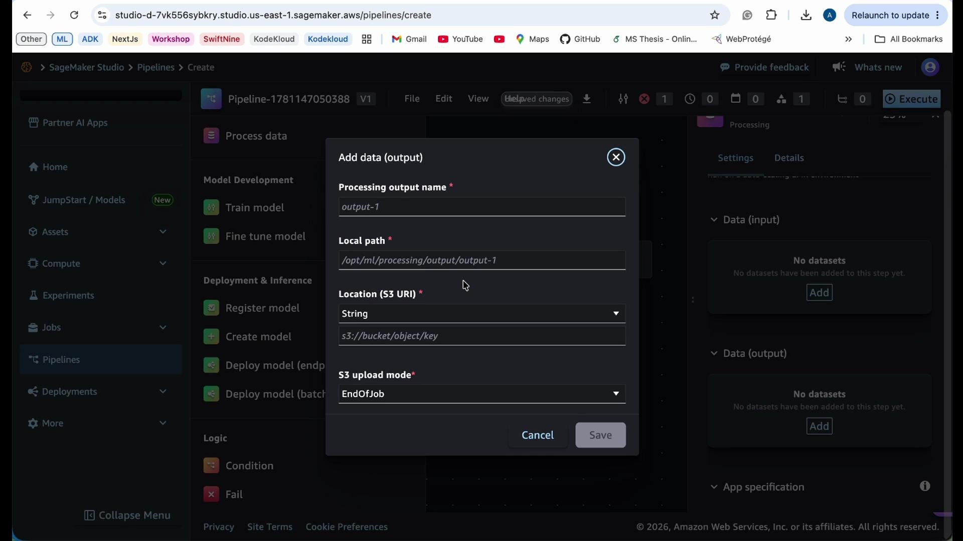 The image shows a form within the AWS SageMaker Studio environment, specifically for configuring a data output with fields for output name, local path, and S3 URI location.