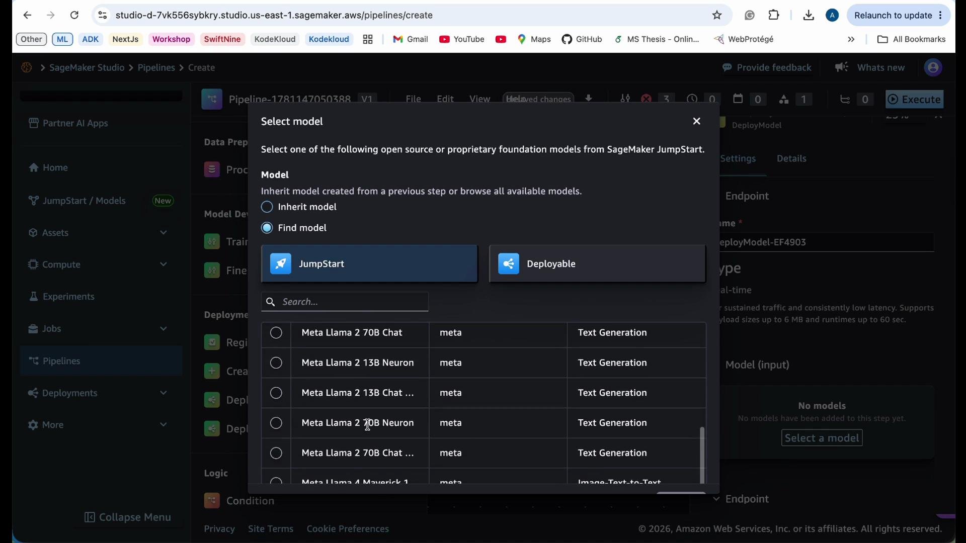 The image shows a screen from AWS SageMaker Studio with a dialog box for selecting a model, including options from SageMaker JumpStart and a list of models like Meta Llama for text generation.
