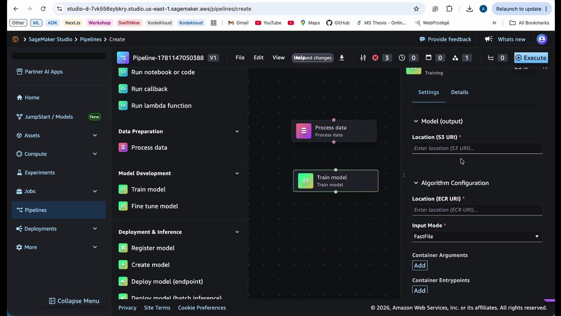 The image shows the AWS SageMaker Studio interface with a pipeline workflow that includes steps for processing data and training a model. There's a sidebar with navigation options such as assets, compute, and pipelines, along with settings for configuring the model output and algorithm.