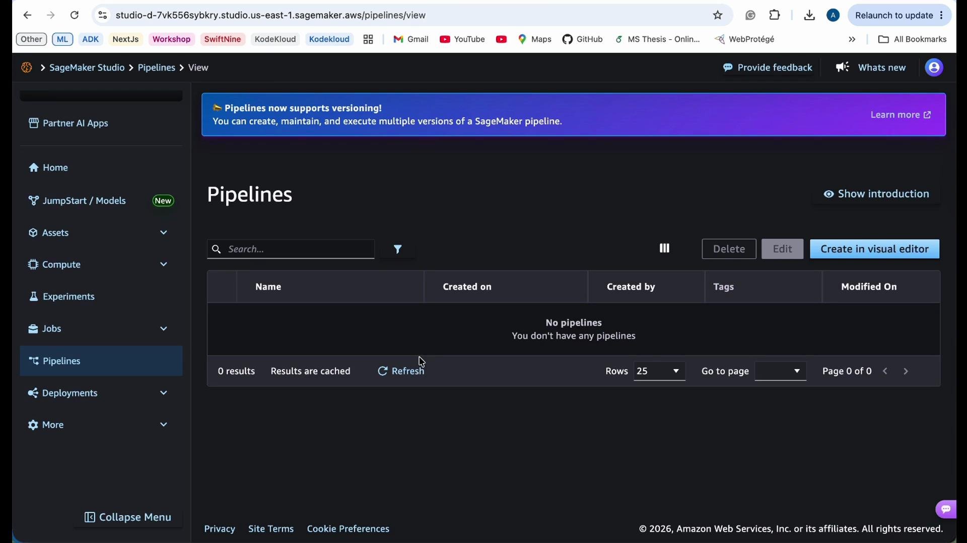The image shows the SageMaker Studio Pipelines interface with no pipelines listed and options to create, edit, or delete pipelines.