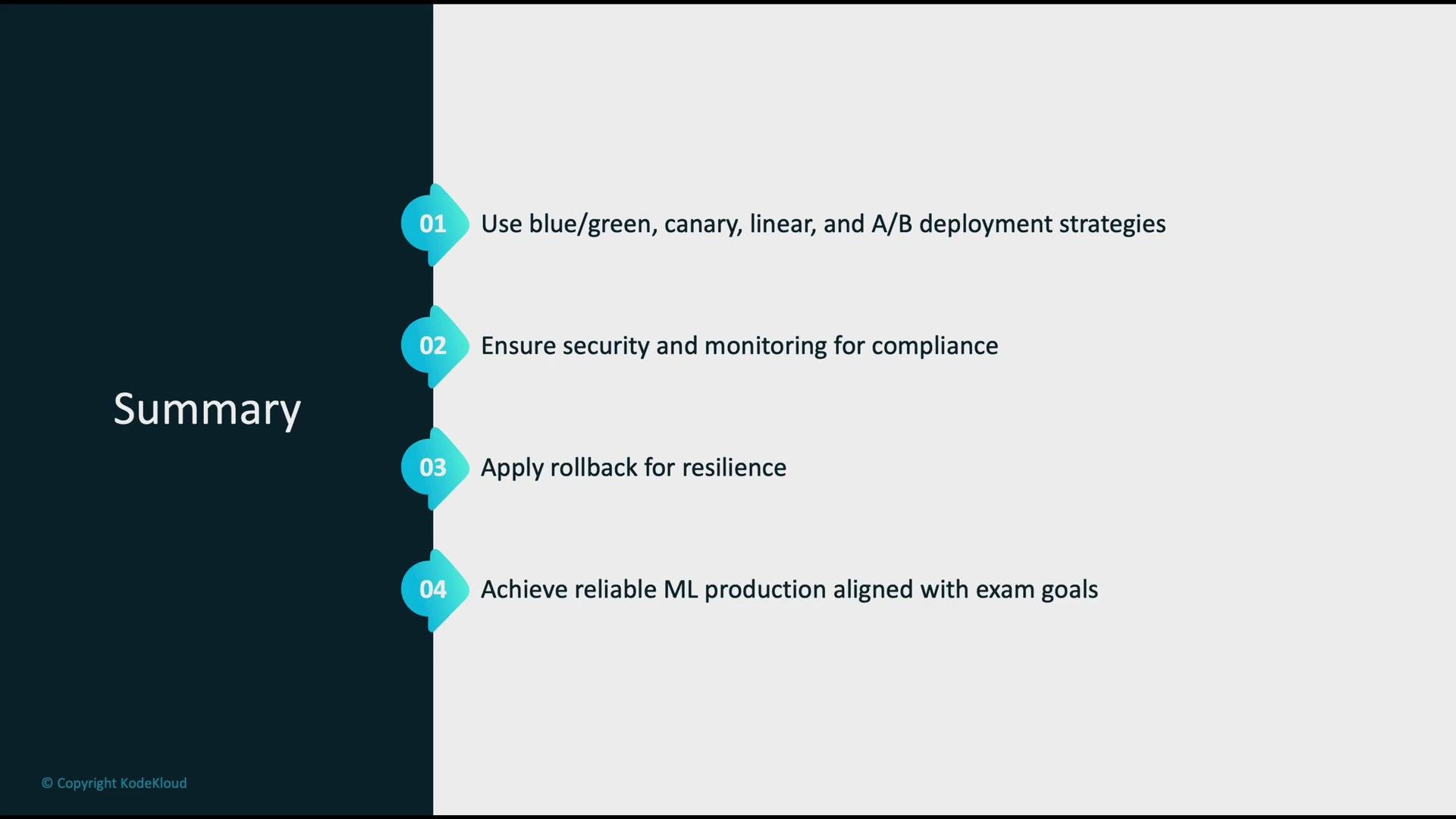 The image is a summary slide outlining four strategies: using various deployment strategies, ensuring security and monitoring for compliance, applying rollback for resilience, and achieving reliable ML production aligned with exam goals. It is attributed to KodeKloud.