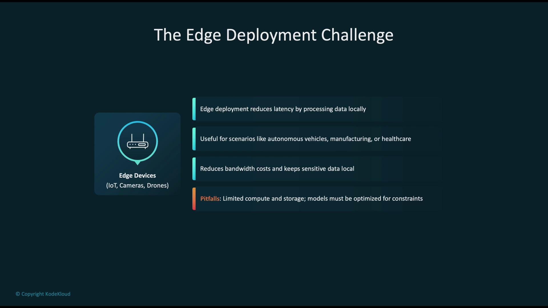 The image presents information on "The Edge Deployment Challenge," highlighting the benefits and pitfalls of edge devices such as IoT, cameras, and drones. It emphasizes reducing latency by processing data locally and acknowledges constraints related to compute and storage.