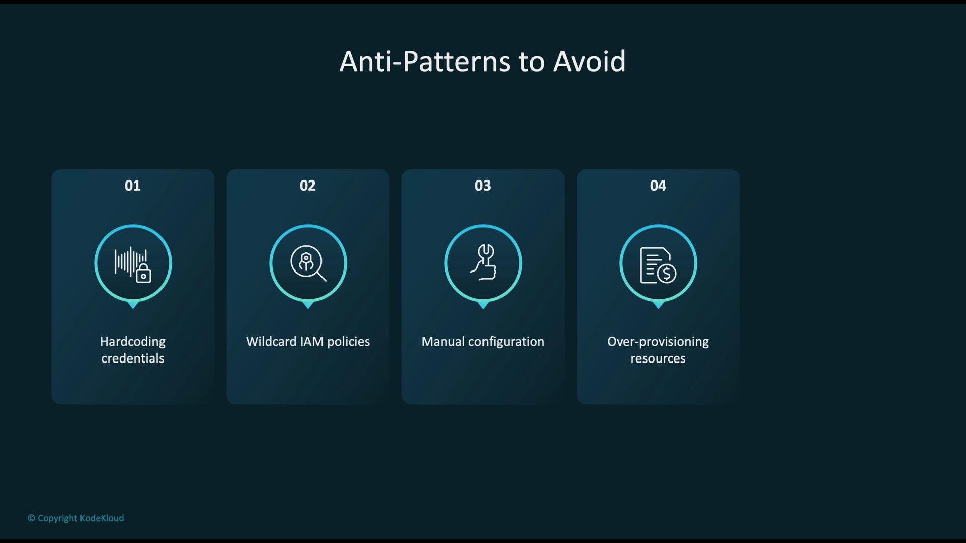 The image lists four anti-patterns to avoid: hardcoding credentials, wildcard IAM policies, manual configuration, and over-provisioning resources.