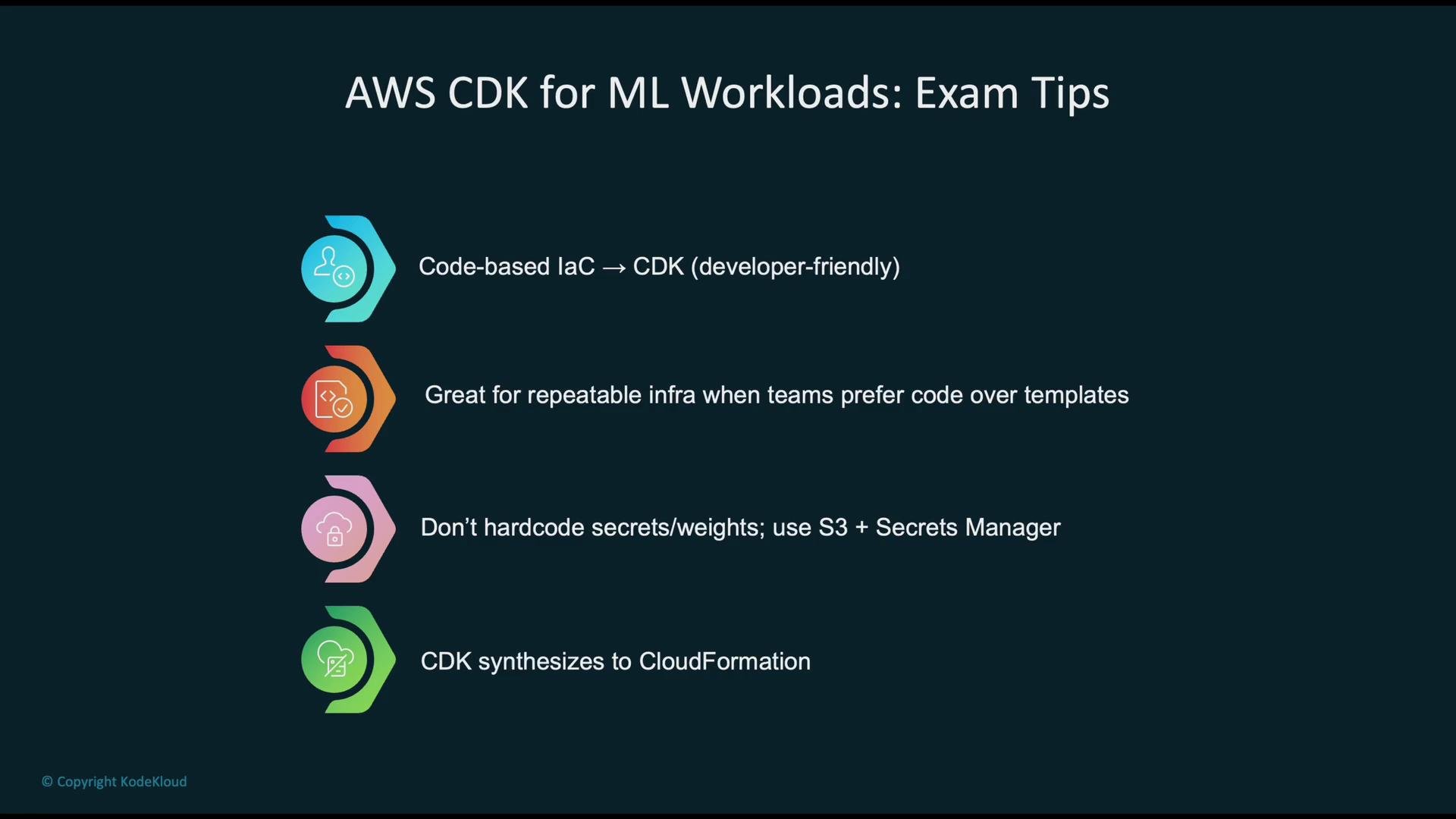 The image provides exam tips for using AWS CDK with machine learning workloads, emphasizing code-based infrastructure, repeatable code over templates, using S3 and Secrets Manager over hardcoding, and synthesizing to CloudFormation.