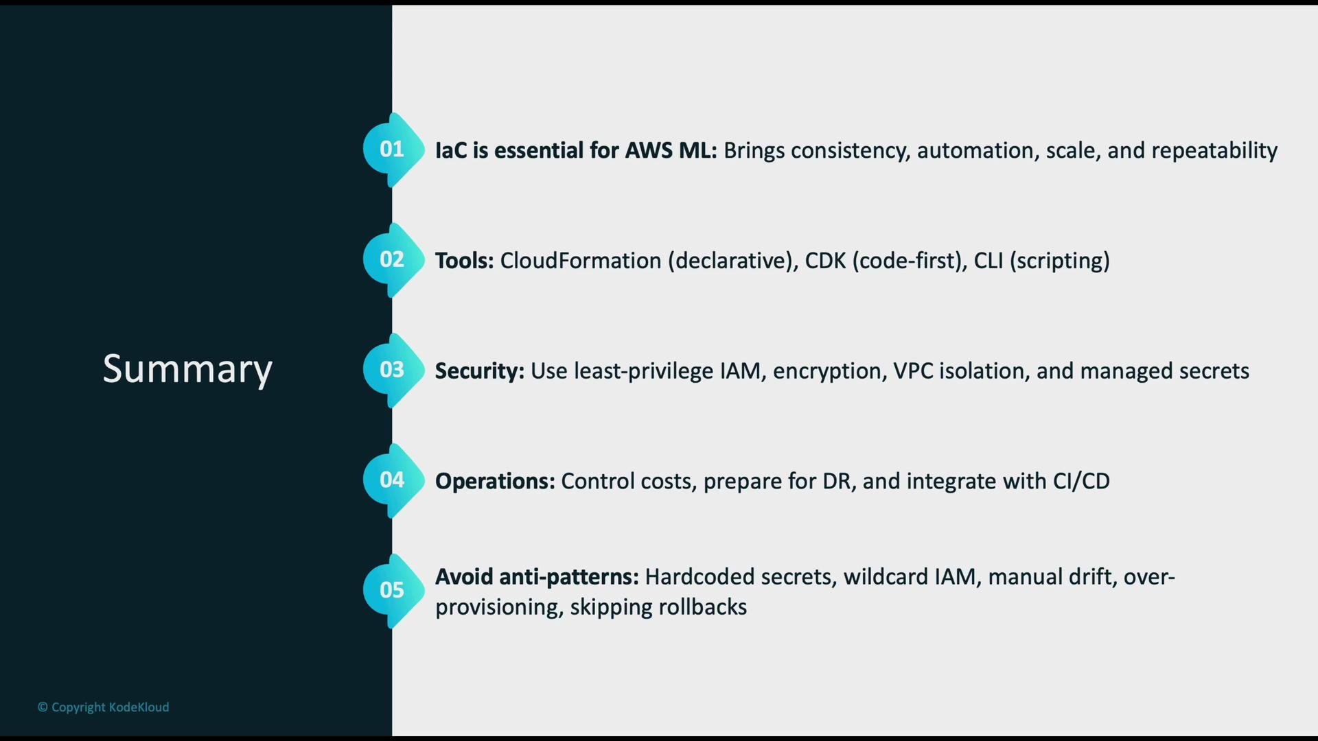 The image is a summary slide about the importance of Infrastructure as Code (IaC) for AWS Machine Learning, covering tools, security, operations, and avoiding anti-patterns.