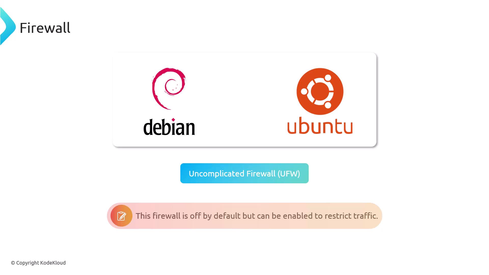 The image shows a "Firewall" screen with the Debian and Ubuntu logos side by side. Below them is a button labeled "Uncomplicated Firewall (UFW)" and a note stating the firewall is off by default but can be enabled.