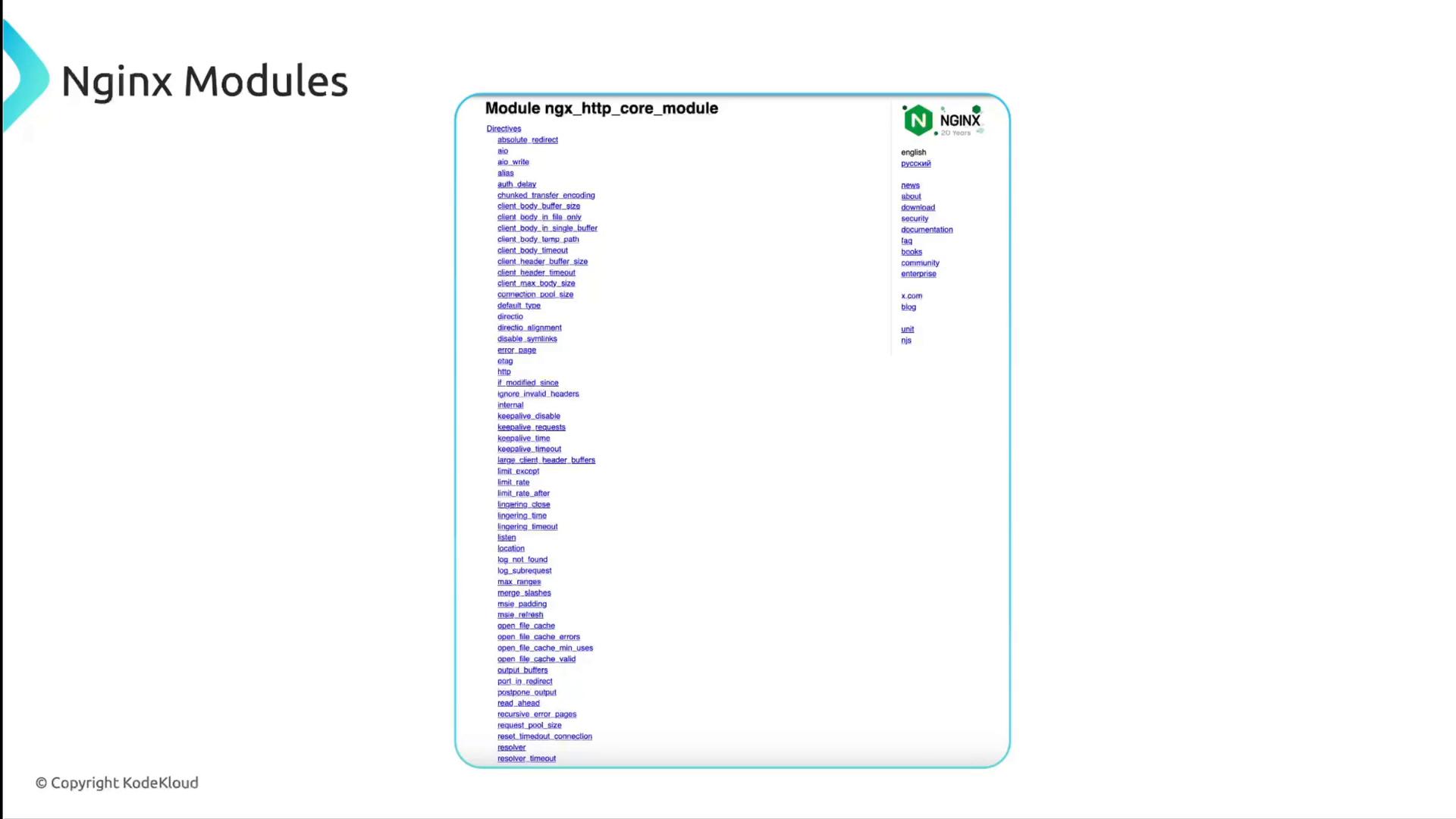 A presentation slide titled "Nginx Modules" showing a screenshot of the ngx_http_core_module documentation — a long list of directives and links in a rounded, bordered box with the NGINX logo. The slide also includes a small "© Copyright KodeKloud" credit.