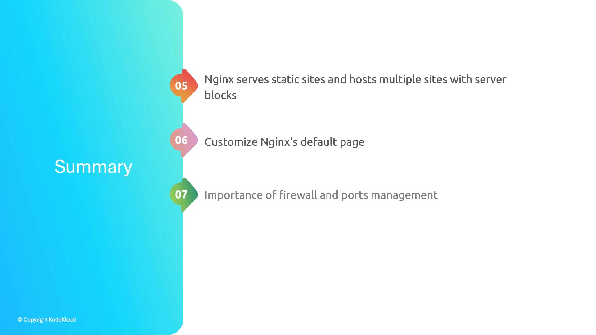 A presentation slide titled "Summary" with a blue left panel. It lists three numbered points about Nginx: serving static sites and hosting multiple sites with server blocks, customizing Nginx's default page, and the importance of firewall and ports management.