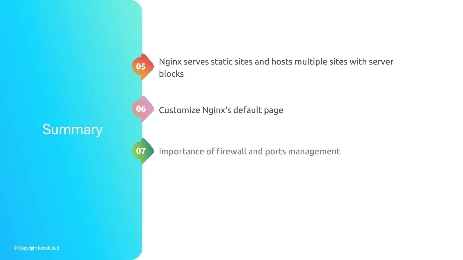 A presentation slide titled "Summary" with a blue left panel. It lists three numbered points about Nginx: serving static sites and hosting multiple sites with server blocks, customizing Nginx's default page, and the importance of firewall and ports management.