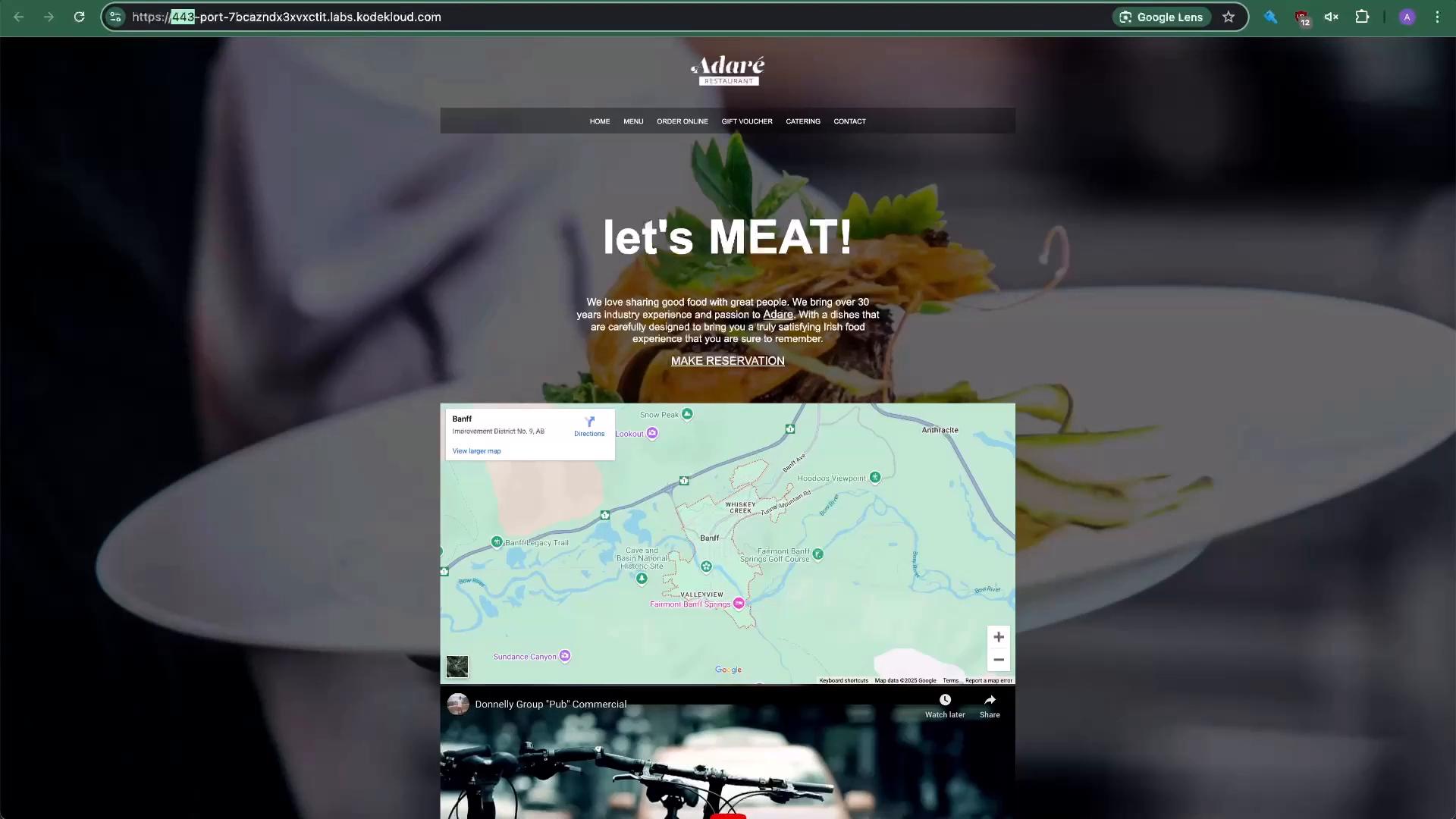 A restaurant website landing page with a large hero photo of a plated dish and the bold headline "let's MEAT!" across the center. The page shows navigation links at the top and an embedded Google map (Banff area) and a video thumbnail below.
