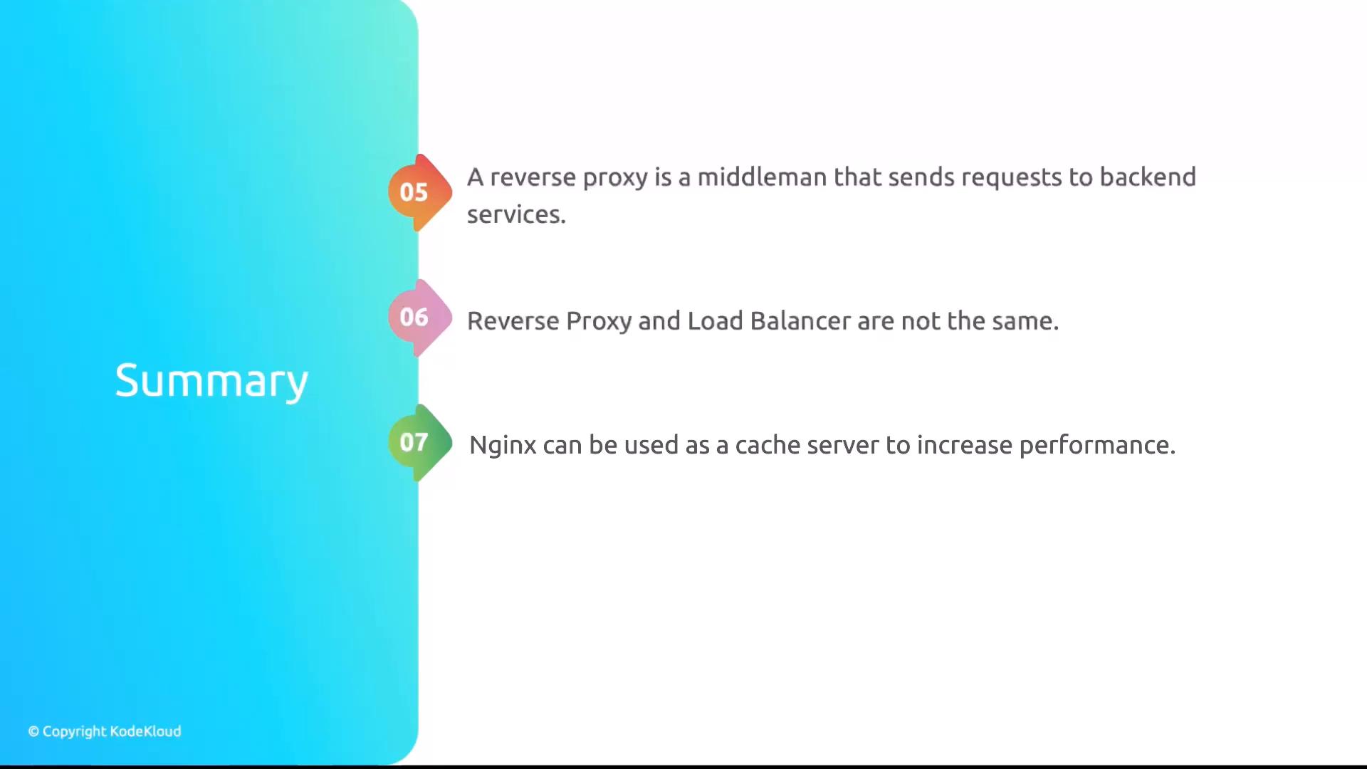 A presentation slide titled "Summary" listing three points: that a reverse proxy forwards requests to backend services, that reverse proxies and load balancers differ, and that Nginx can be used as a cache server to boost performance. The slide has a blue gradient panel on the left and numbered markers for each point.