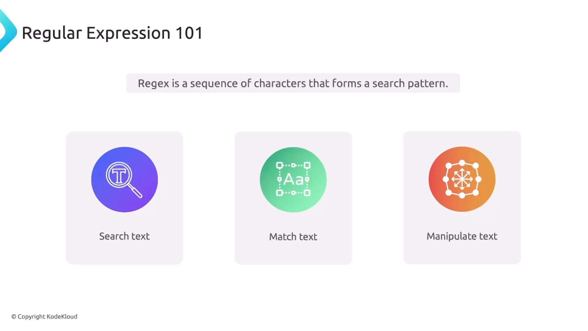 A slide titled "Regular Expression 101" with the definition "Regex is a sequence of characters that forms a search pattern." Below it are three rounded cards with colorful icons labeled "Search text," "Match text," and "Manipulate text."