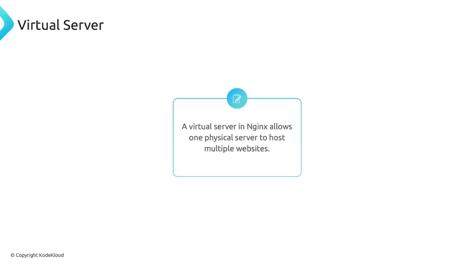 A slide titled "Virtual Server" with a short explanation that a virtual server in Nginx allows one physical server to host multiple websites.