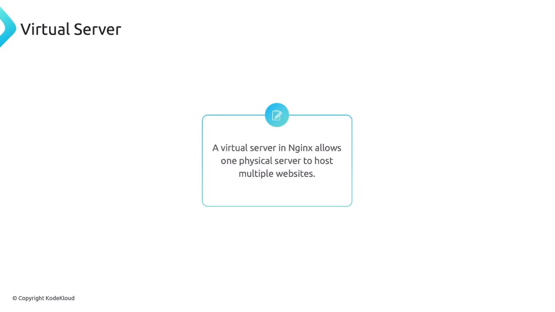 A slide titled "Virtual Server" with a short explanation that a virtual server in Nginx allows one physical server to host multiple websites.