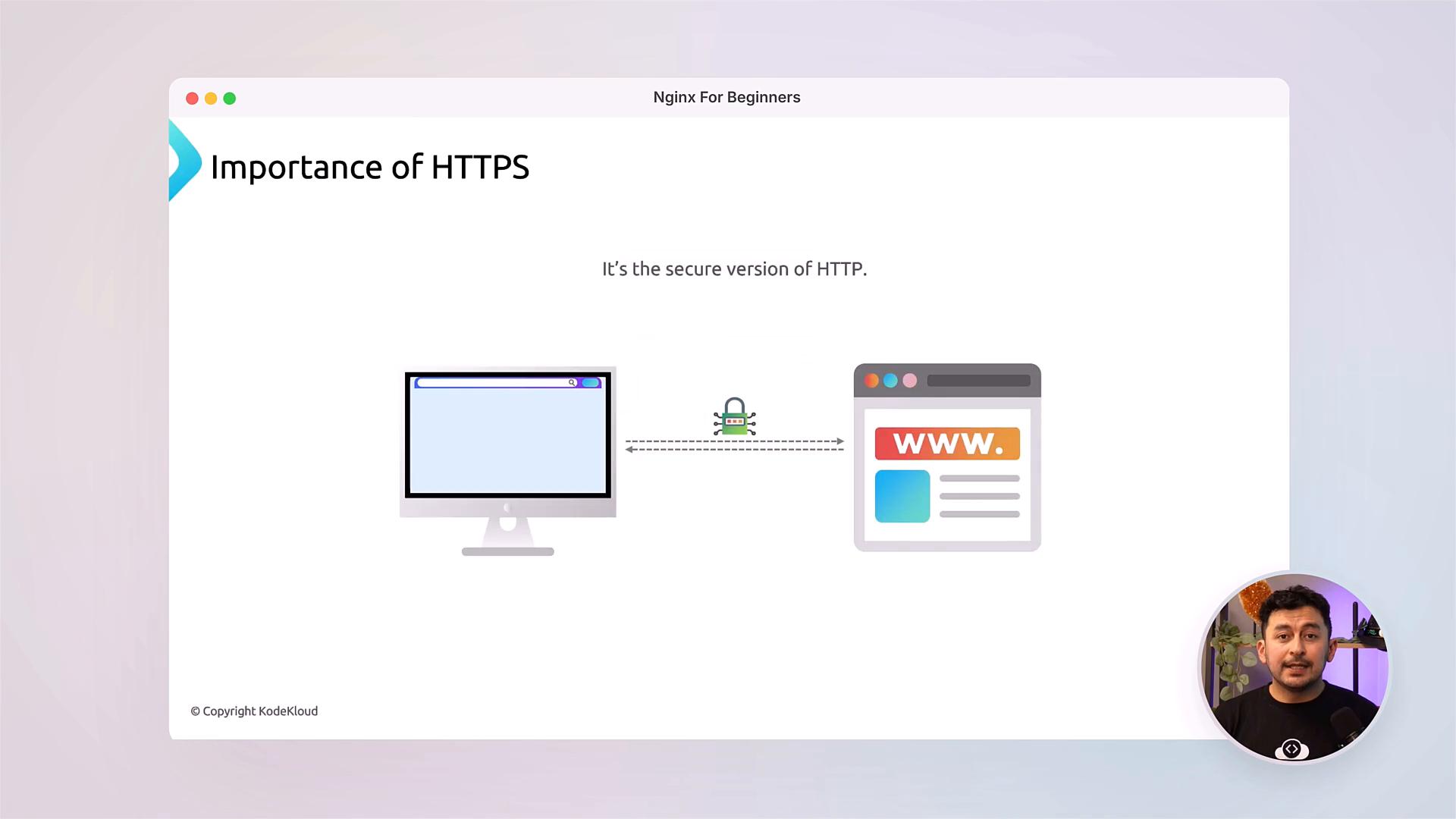 A presentation slide titled "Importance of HTTPS" showing a computer and a web browser with a padlock icon between them to illustrate secure communication. A small video thumbnail of the presenter appears in the bottom-right corner.