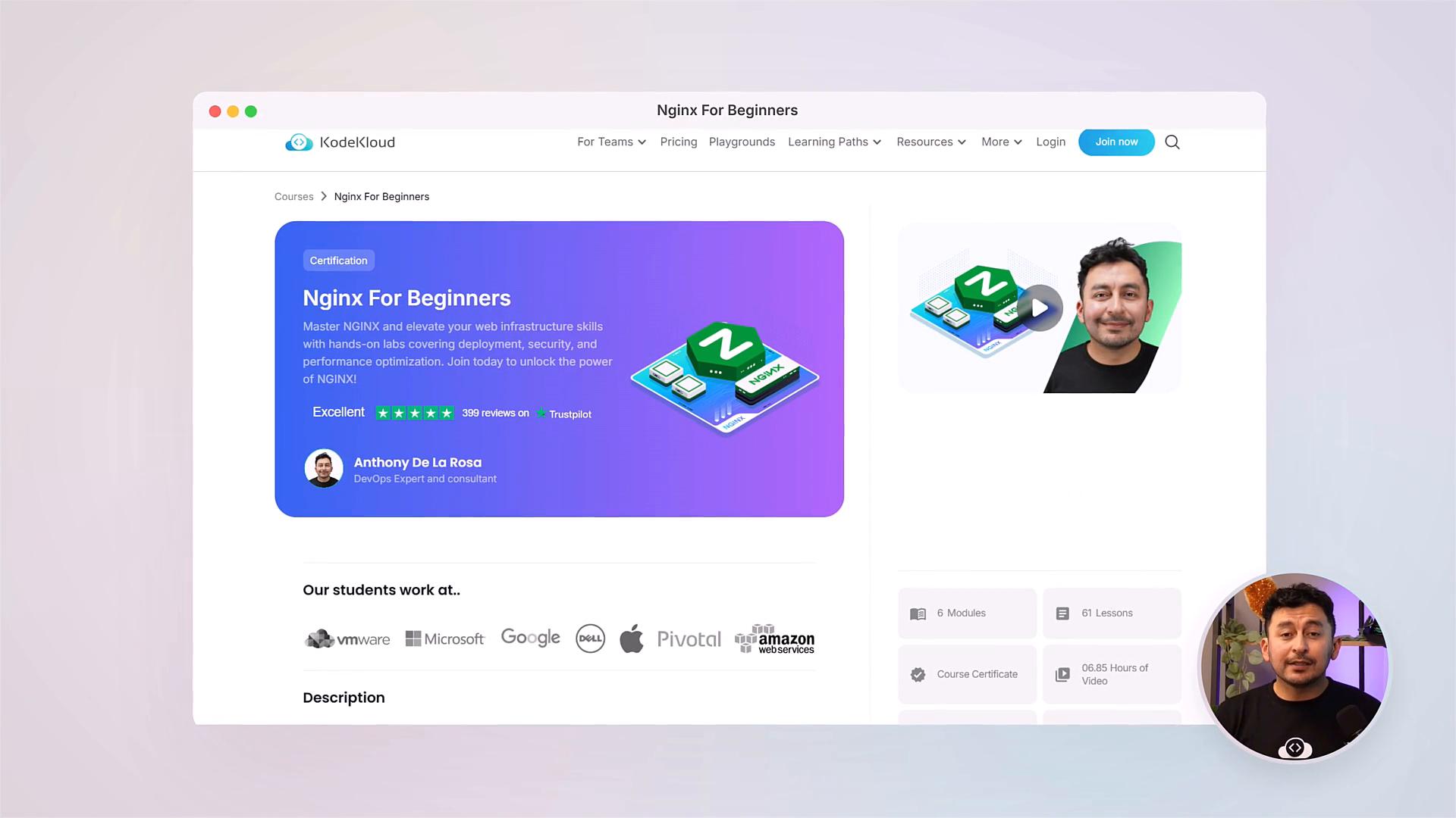 A webpage advertising an online course titled "Nginx For Beginners" with a large purple course card showing a brief description, rating stars, and platform branding. To the right are a video preview and a circular instructor photo, with company logos listed below.