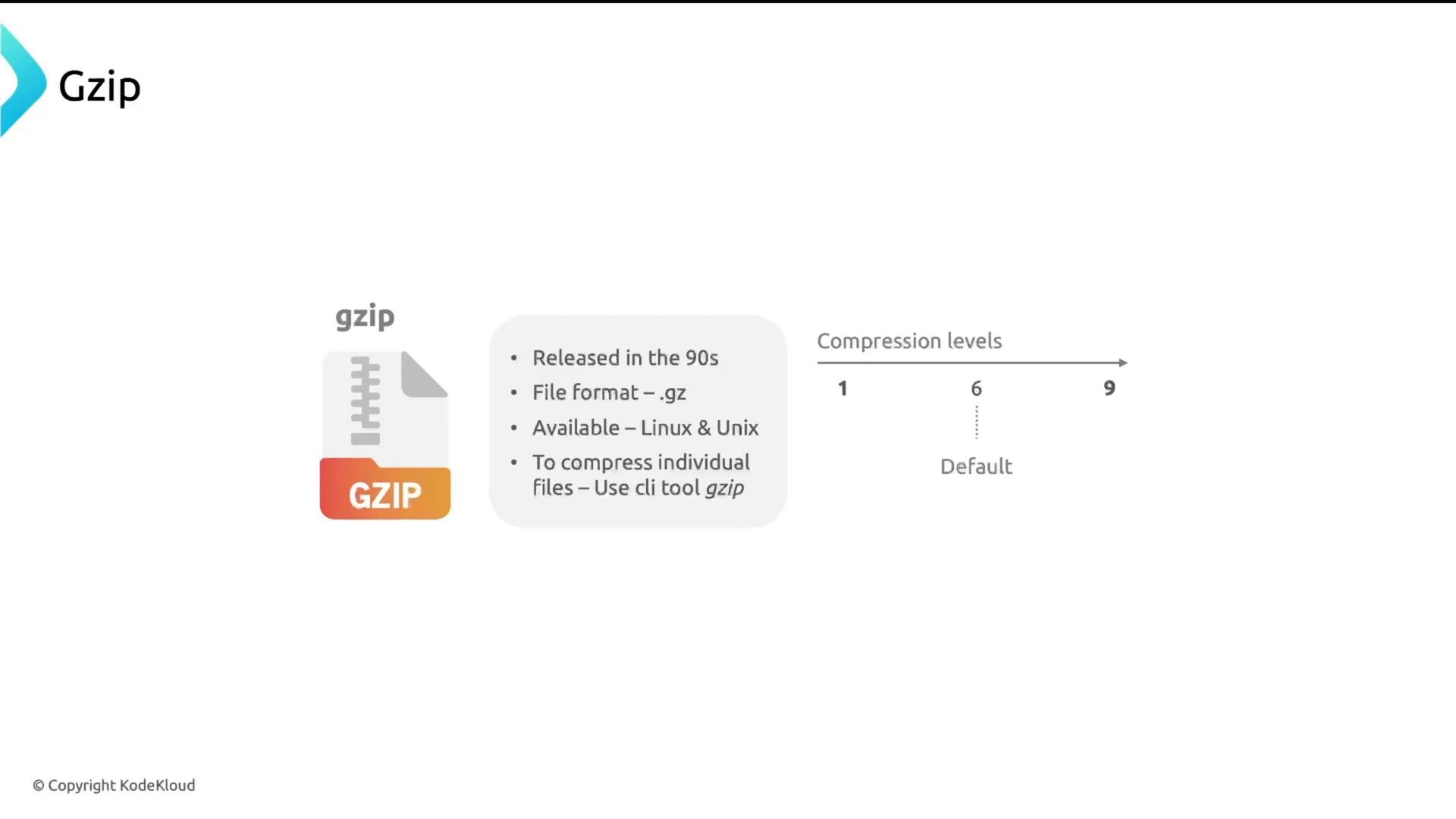 A slide about Gzip showing a file/zip icon and bullet points noting it was released in the 90s, uses the .gz format, is available on Linux/Unix, and is used via the gzip CLI. To the right is a compression-level scale from 1 to 9 with the default set at 6.