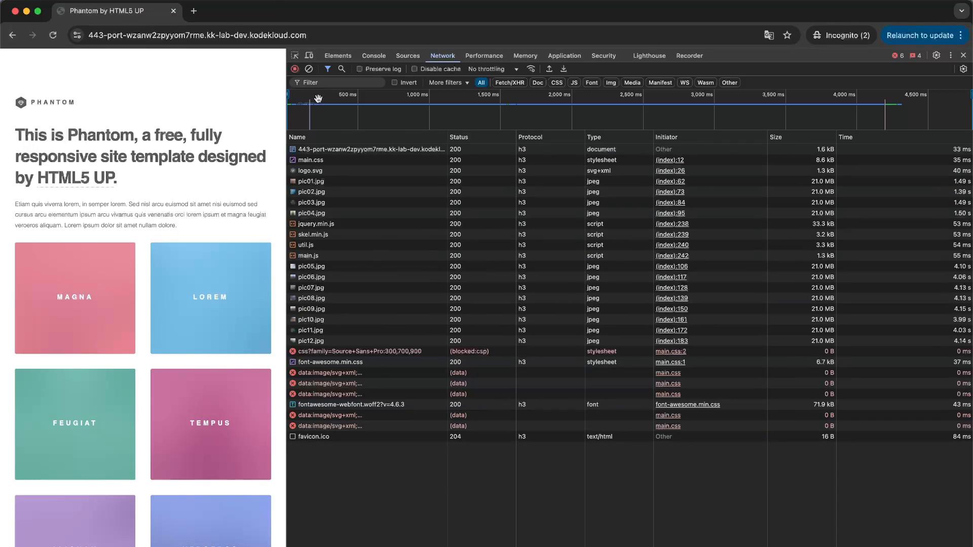 A browser screenshot showing the "Phantom" HTML5 UP site template with large headline text and colorful tile cards on the left. On the right is Chrome DevTools' Network panel listing resource requests, statuses, sizes and timings.