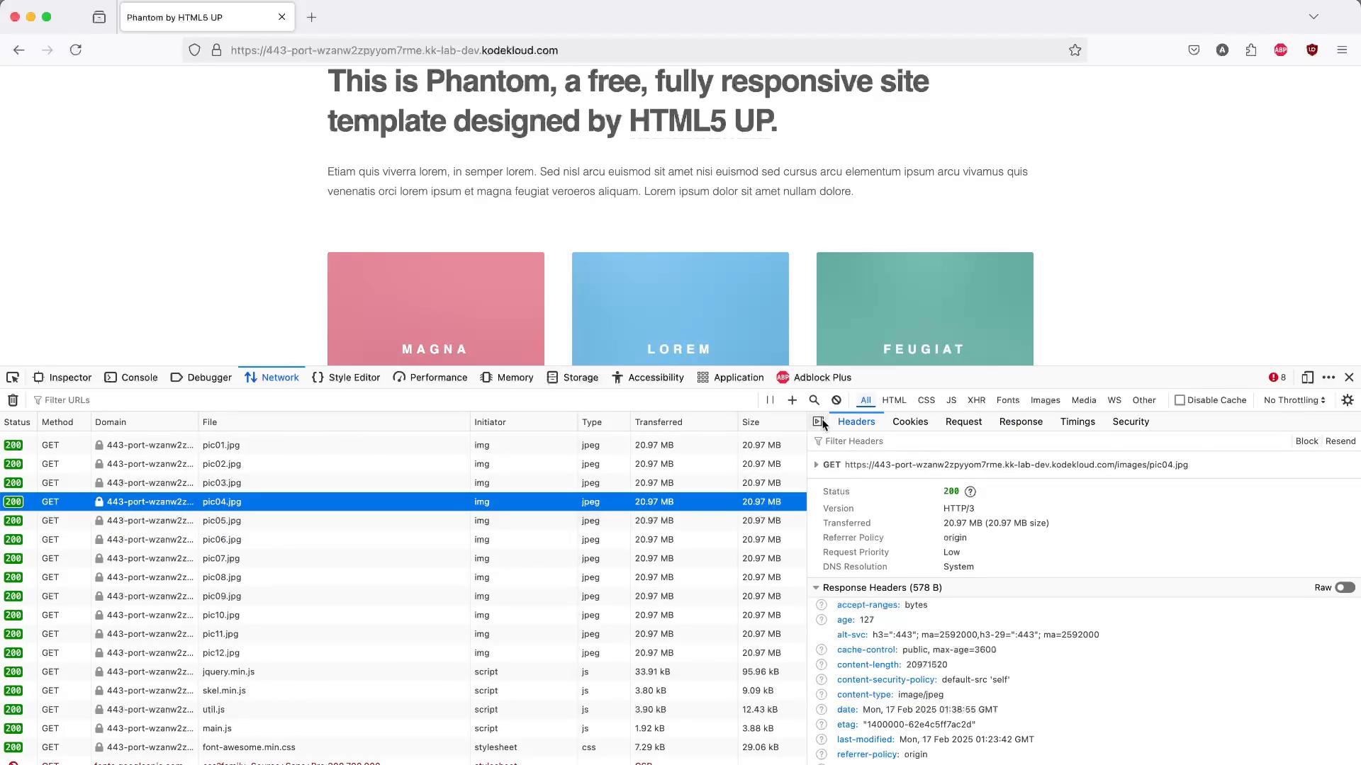 A browser window showing a webpage titled "This is Phantom, a free, fully responsive site template" with three colored content cards. The lower half shows the developer tools Network panel listing many GET requests and response headers.