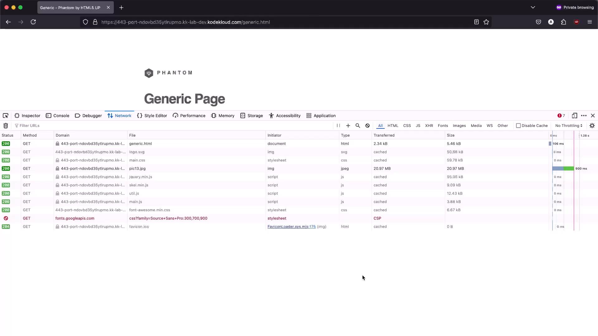 A browser window showing a webpage titled "Generic Page" with the devtools Network panel open. The Network panel lists GET requests, statuses, file types and transfer sizes for the page's resources.