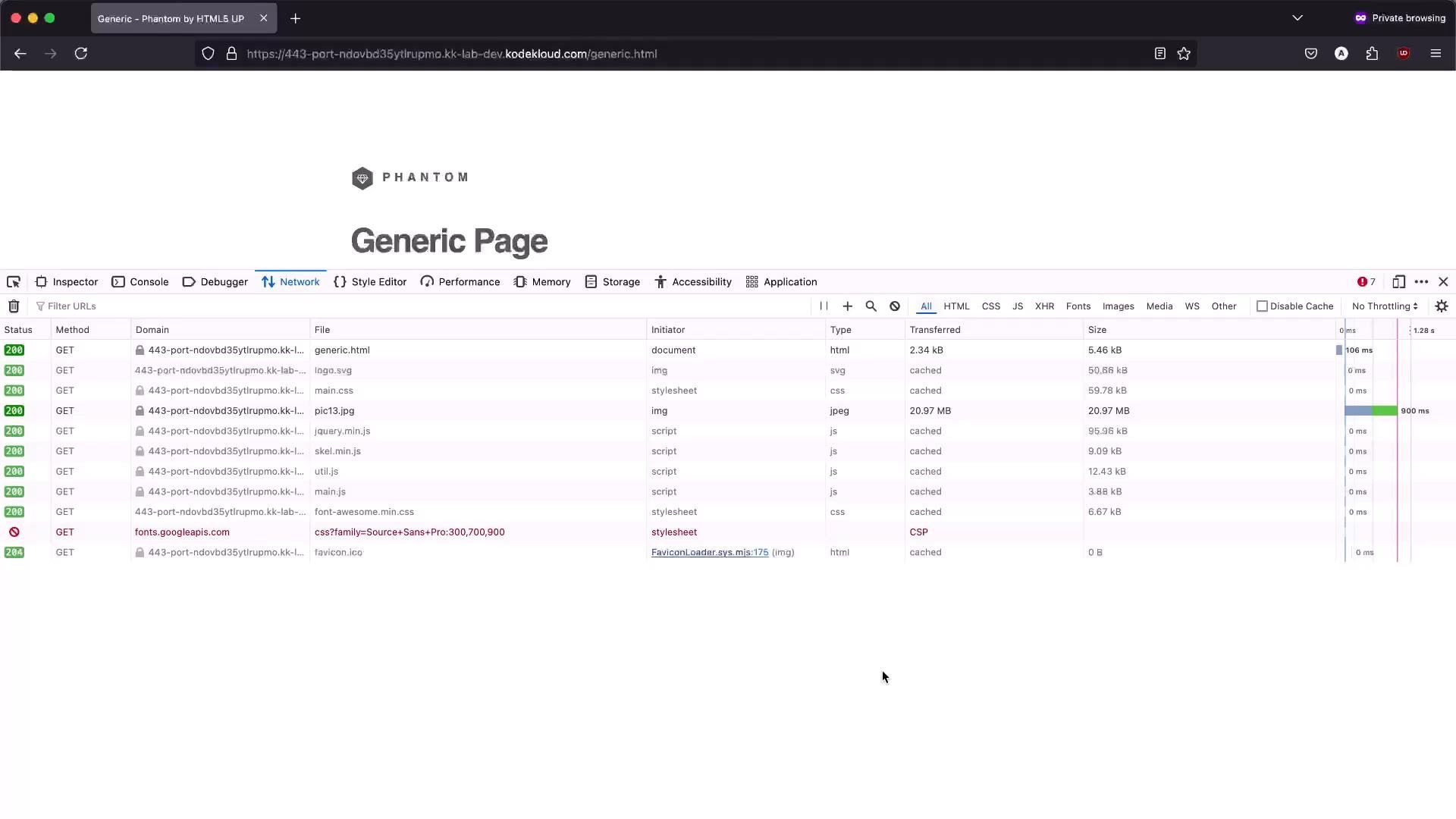 A browser window showing a webpage titled "Generic Page" with the devtools Network panel open. The Network panel lists GET requests, statuses, file types and transfer sizes for the page's resources.