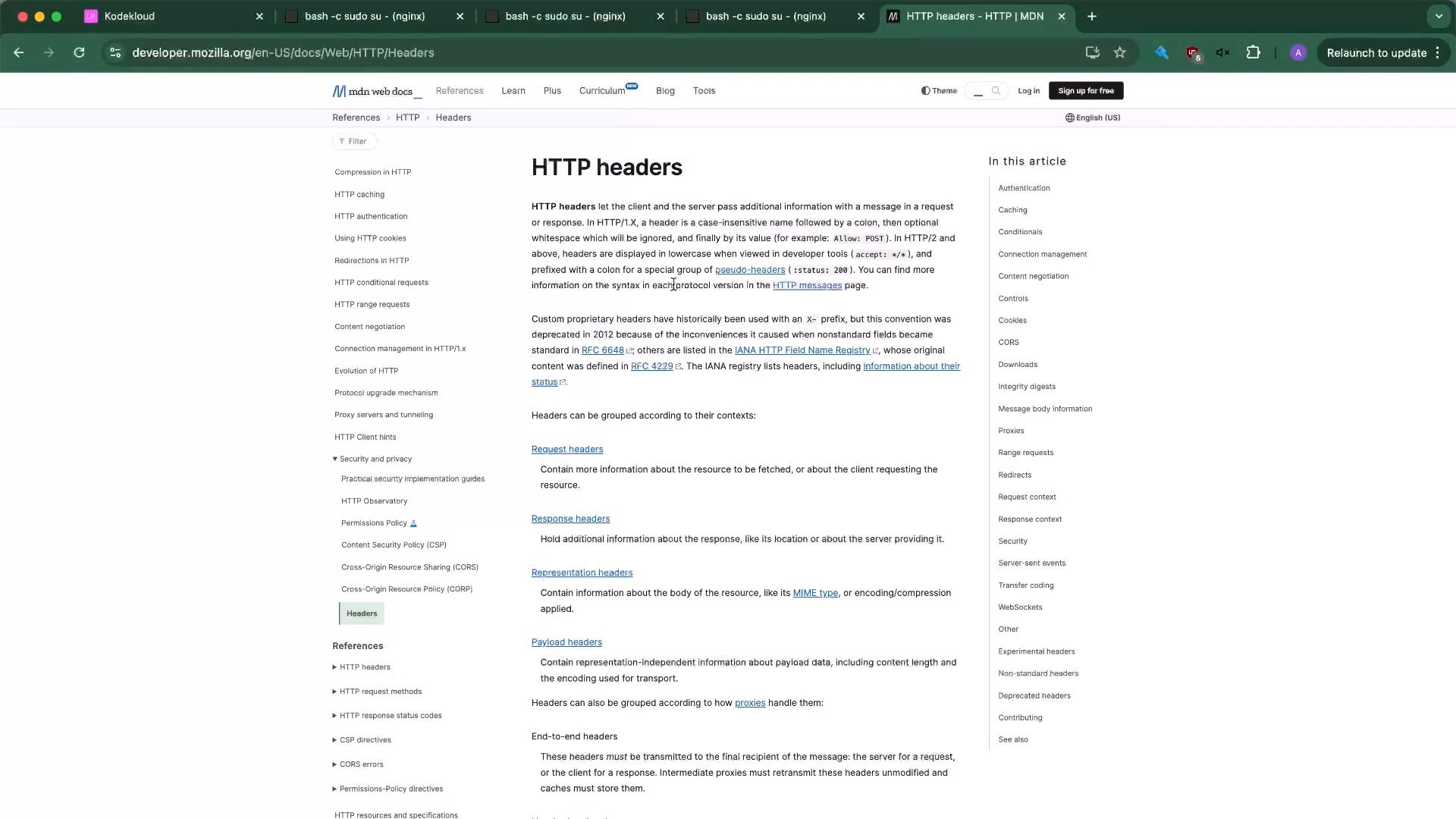 A web browser window open to the MDN Web Docs page titled "HTTP headers," showing the article content in the center with navigation menus on the left and a table of contents on the right. The browser has several tabs and a dark green theme at the top.