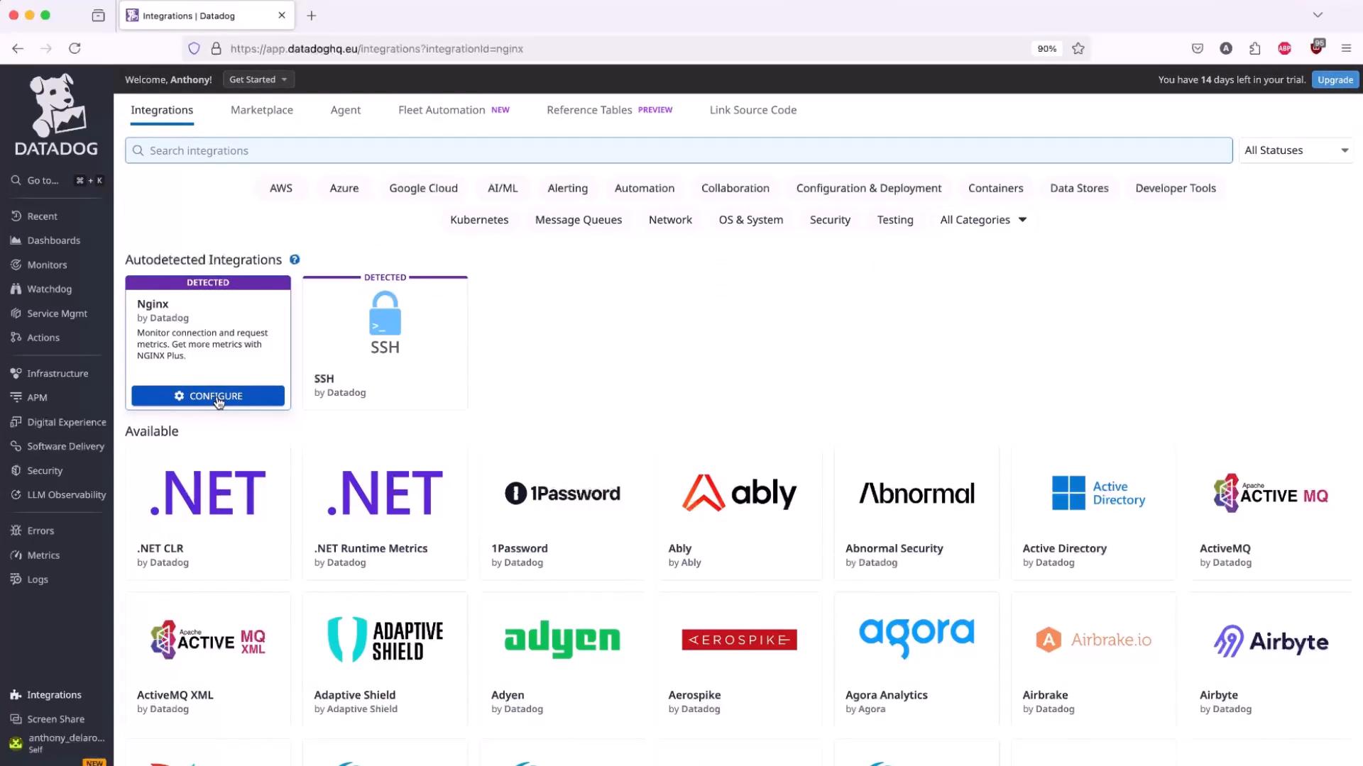 A screenshot of the Datadog Integrations page showing autodetected integrations (Nginx, SSH) and a grid of available integration tiles (.NET, 1Password, Active Directory, ActiveMQ, etc.). The left sidebar and top navigation are visible with search and category filters.