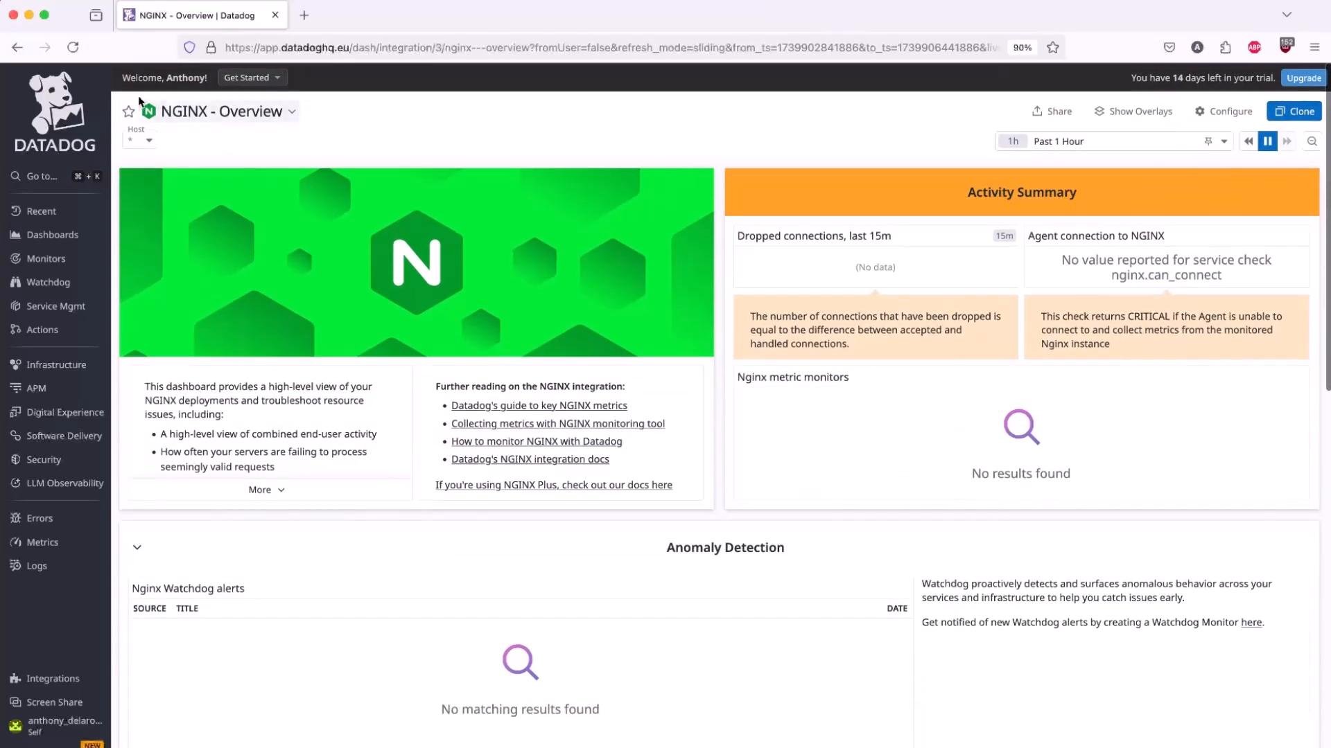 A screenshot of the Datadog "NGINX - Overview" dashboard showing a large green NGINX banner, activity summary widgets (mostly showing no data), and a left-hand navigation menu with monitoring options.