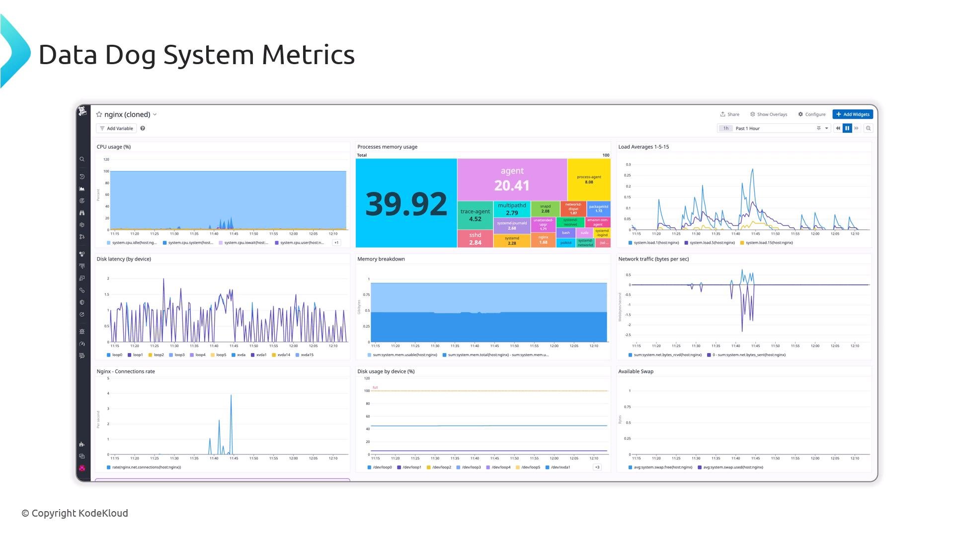 A Datadog system metrics dashboard for an nginx host showing multiple widgets and time-series charts. It displays CPU usage, a processes memory treemap, load averages, disk latency, network traffic, and memory/disk breakdowns.