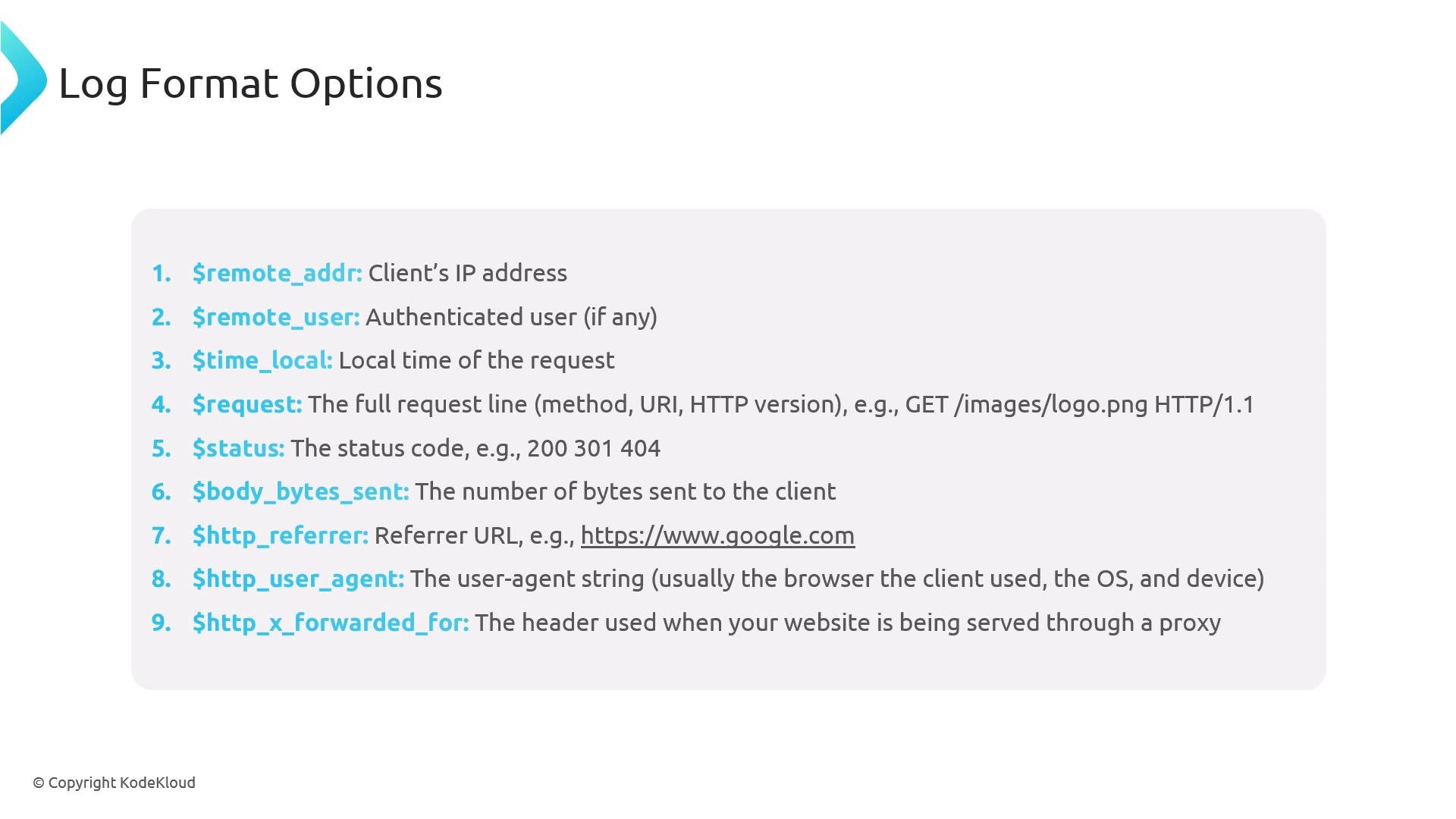 A slide titled "Log Format Options" listing common web server log fields (e.g., remote_addr, remote_user, time_local, request, status, http_referer, $http_user_agent) with brief descriptions. A small © KodeKloud credit appears at the bottom.