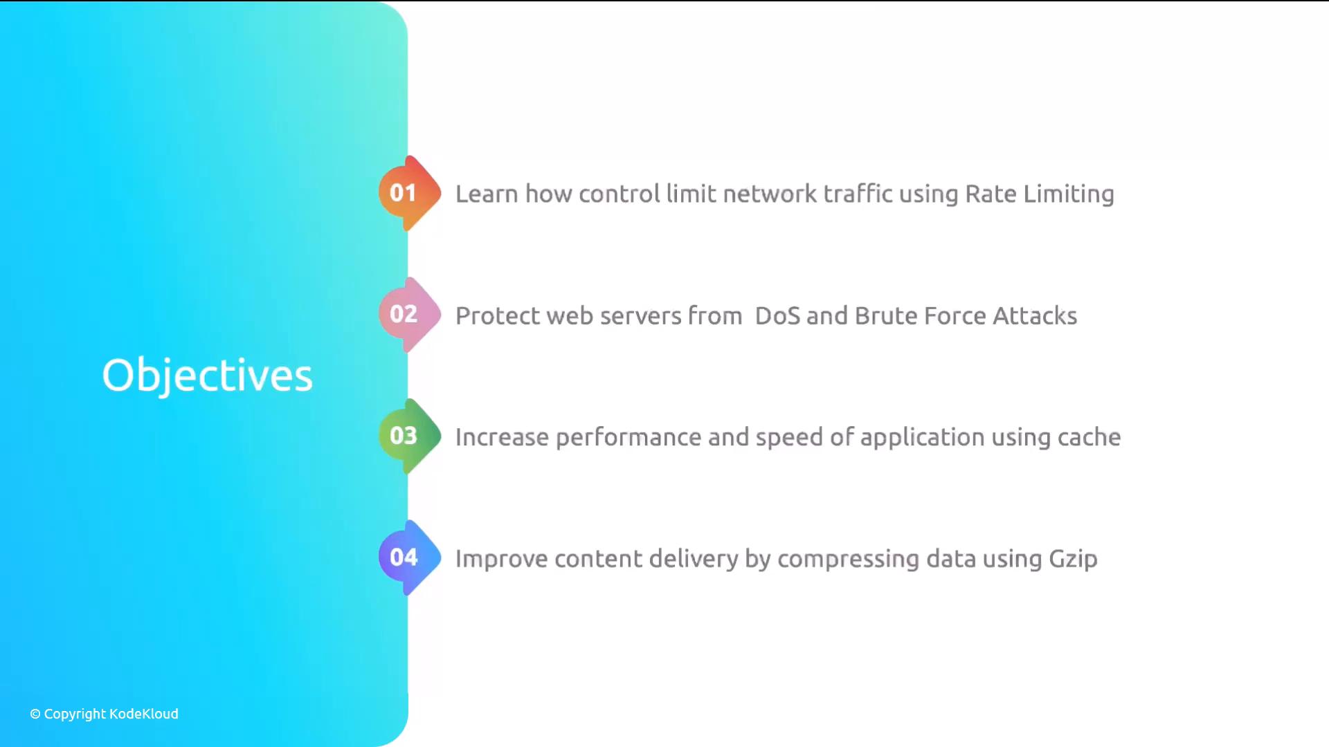 Slide titled "Objectives" with a blue gradient panel and a vertical list of four numbered goals. The goals are: rate-limiting network traffic, protecting web servers from DoS and brute-force attacks, improving application performance with caching, and speeding content delivery by compressing data (Gzip).