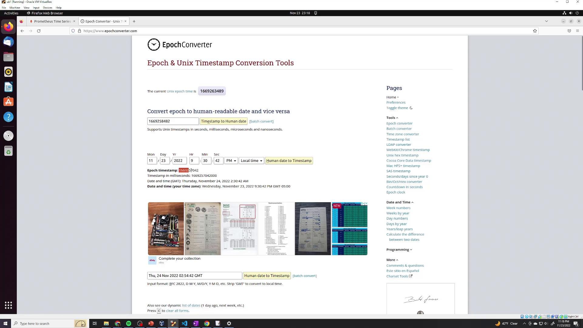 A screenshot of a web browser open to the EpochConverter website, displaying an epoch/Unix timestamp conversion tool with input fields and converted date/time results. The image also shows a Linux desktop with a left-side application launcher.