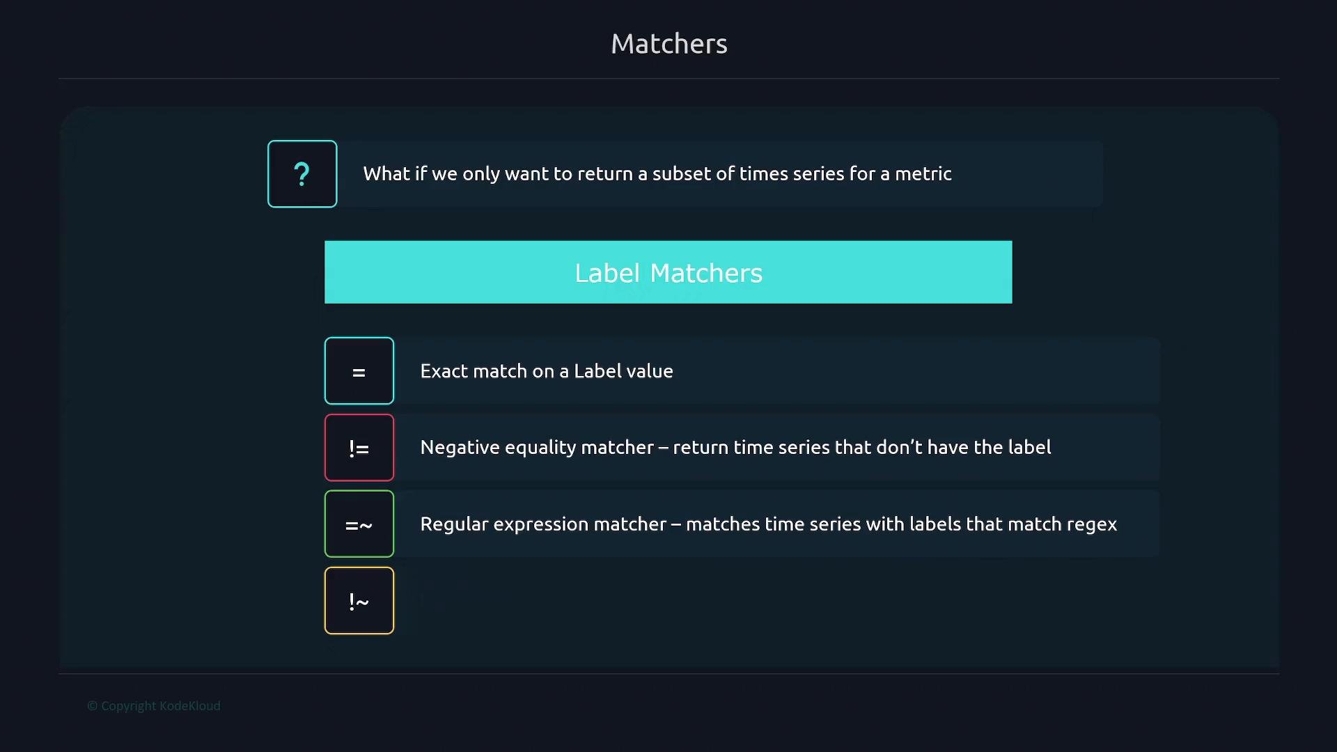 A dark-themed infographic titled "Matchers" that explains label matchers for time series, with a highlighted "Label Matchers" header. It shows operator icons (=, !=, =, !) alongside short descriptions of exact match, negative match, regex match, etc.