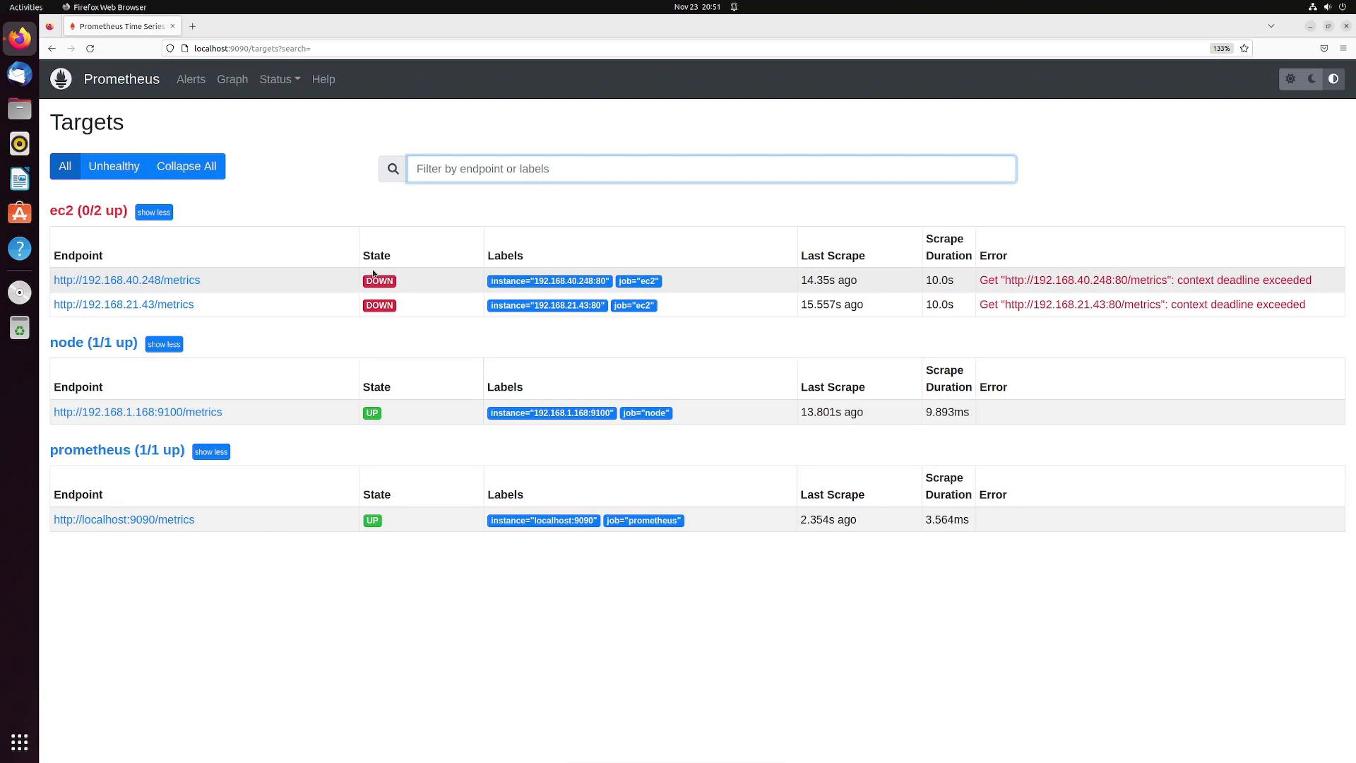 A screenshot of the Prometheus "Targets" page listing monitored endpoints. Two EC2 endpoints are shown as DOWN with "context deadline exceeded" errors, while the node and prometheus targets are UP.