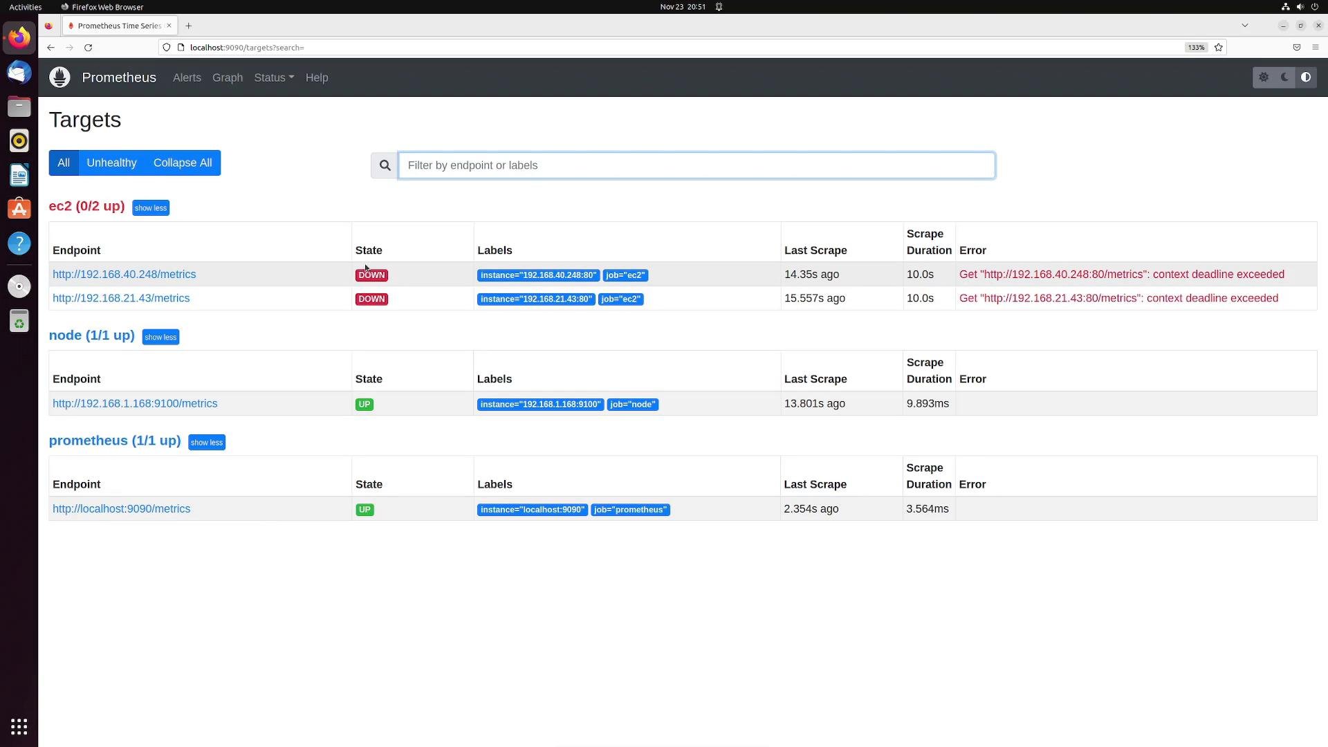A screenshot of the Prometheus "Targets" page listing monitored endpoints. Two EC2 endpoints are shown as DOWN with "context deadline exceeded" errors, while the node and prometheus targets are UP.