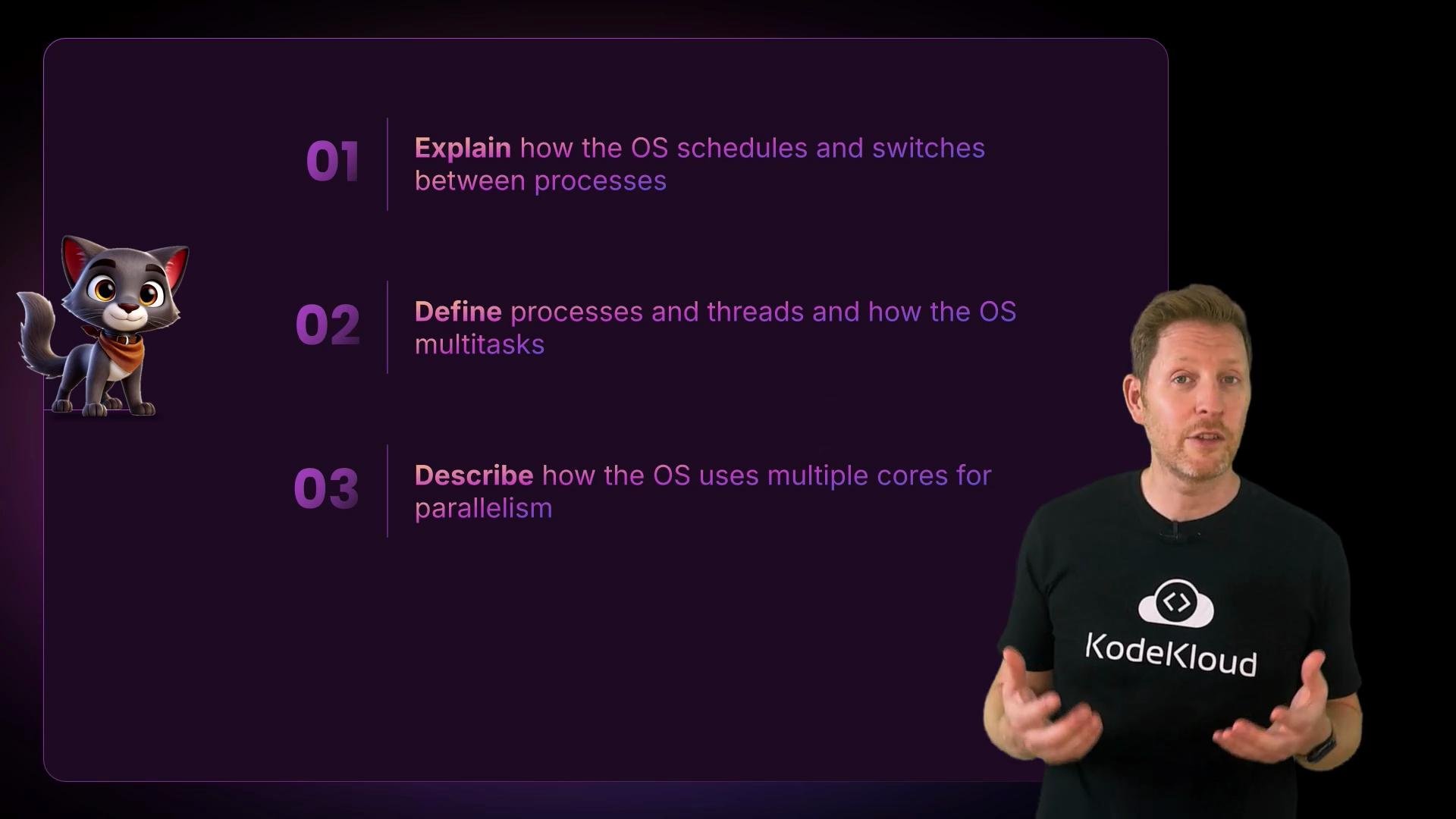 A slide showing three numbered learning objectives about operating systems (scheduling/switching, processes vs threads and multitasking, and using multiple cores for parallelism). A presenter stands on the right and a small cartoon cat graphic is on the left.