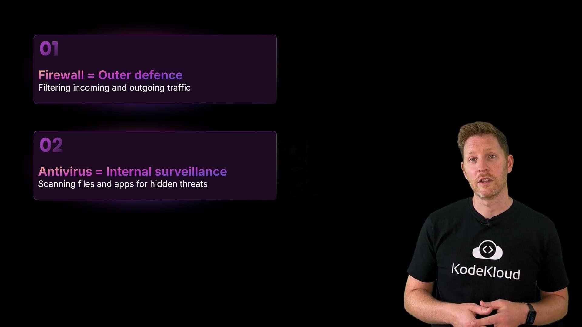 A presenter in a KodeKloud t-shirt stands on the right side of a dark slide. Two purple info boxes on the left explain "01 Firewall = Outer defence" and "02 Antivirus = Internal surveillance."