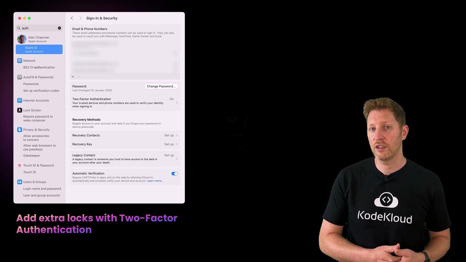 A macOS Sign‑In & Security settings pane showing Apple ID and Two‑Factor Authentication options is displayed on the left, while a presenter wearing a "KodeKloud" t‑shirt stands on the right.