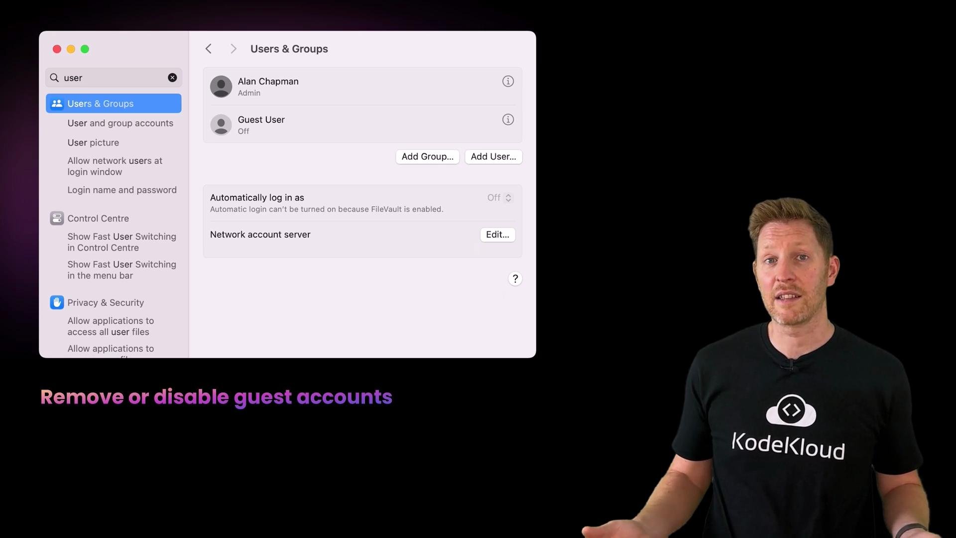 A macOS "Users & Groups" settings window showing an admin account and a guest user. A presenter in a black KodeKloud T‑shirt stands to the right against a black background with the caption "Remove or disable guest accounts" at the bottom.