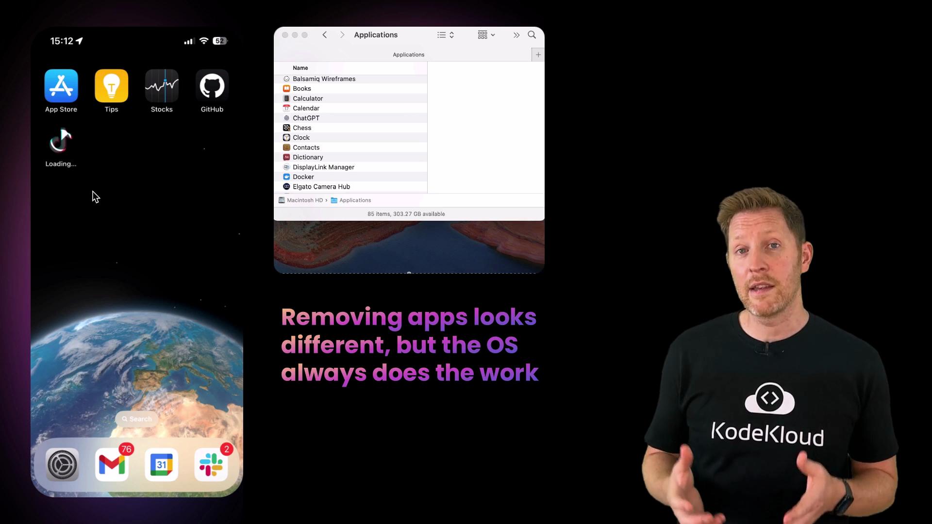 A presenter wearing a KodeKloud shirt stands to the right of the frame next to screenshots of a smartphone home screen and a Mac Applications window. Overlaid purple text reads, "Removing apps looks different, but the OS always does the work."