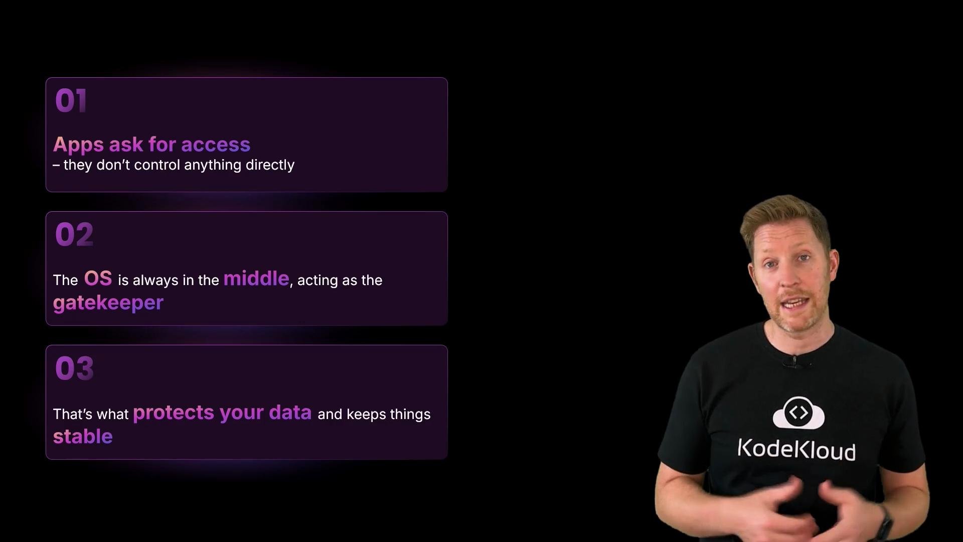 A presenter wearing a KodeKloud t-shirt stands on the right side of the image. On the left are three purple slide panels numbered 01–03 with text about apps asking for access, the OS acting as a gatekeeper, and protecting your data.