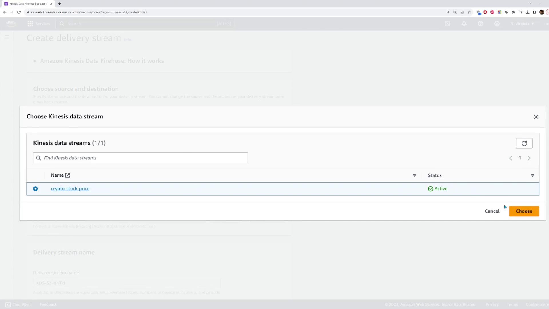 A screenshot of the AWS console showing a "Choose Kinesis data stream" dialog with one stream listed named "crypto-stock-price" marked Active. There's a search box and a highlighted "Choose" button in the bottom-right.