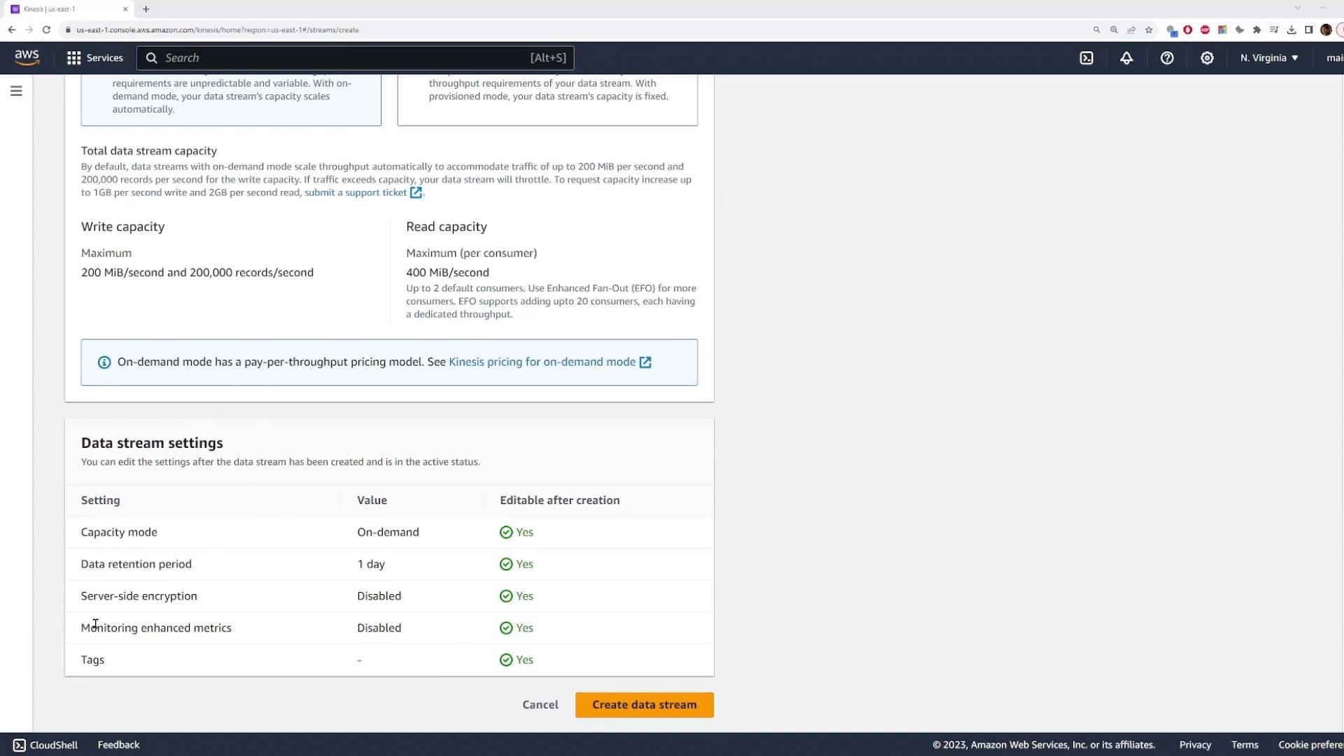 Screenshot of the AWS Kinesis console "Create data stream" page showing write/read capacity limits and an on-demand pricing note. A Data stream settings table is visible with a highlighted "Create data stream" button at the bottom.