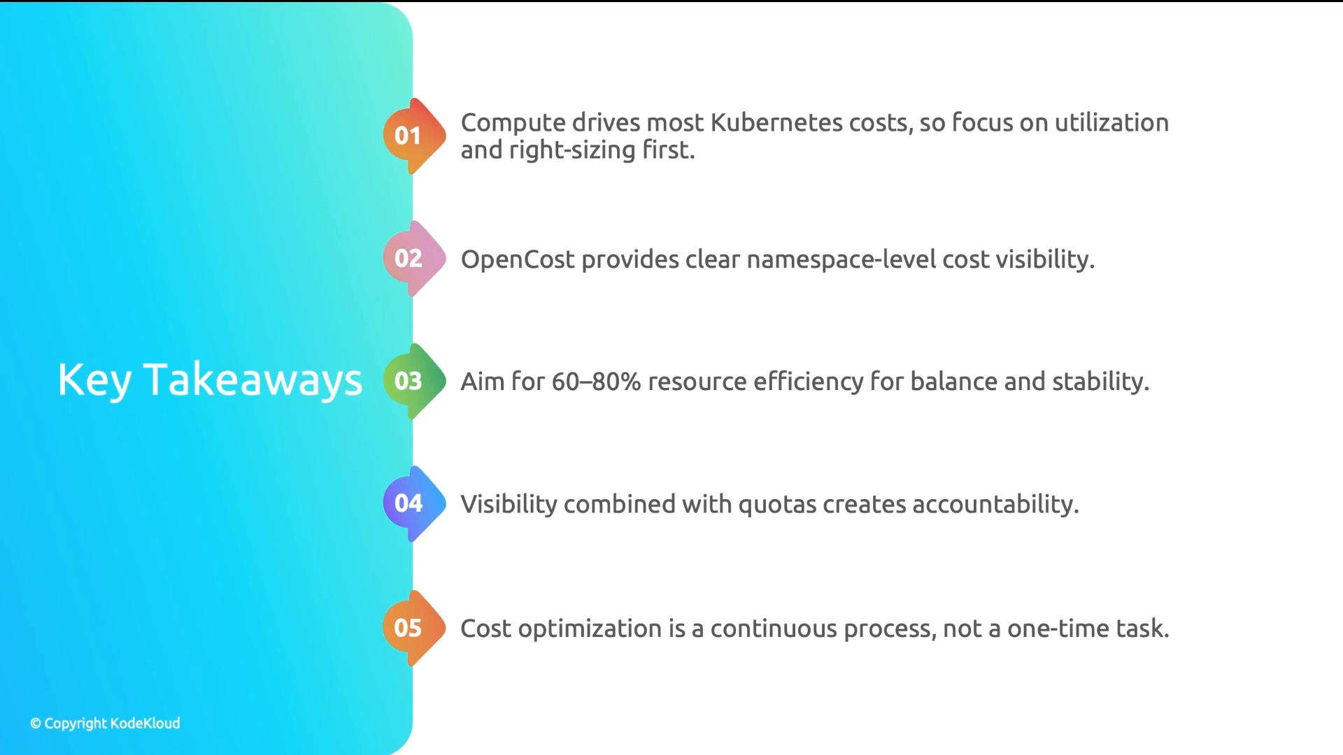 A slide titled "Key Takeaways" showing five numbered points about Kubernetes cost optimization (focus on compute utilization and right‑sizing, using OpenCost for namespace-level visibility, target 60–80% efficiency, combine visibility with quotas, and treat cost optimization as ongoing). The items are listed alongside colorful numbered markers on a blue-green gradient sidebar.