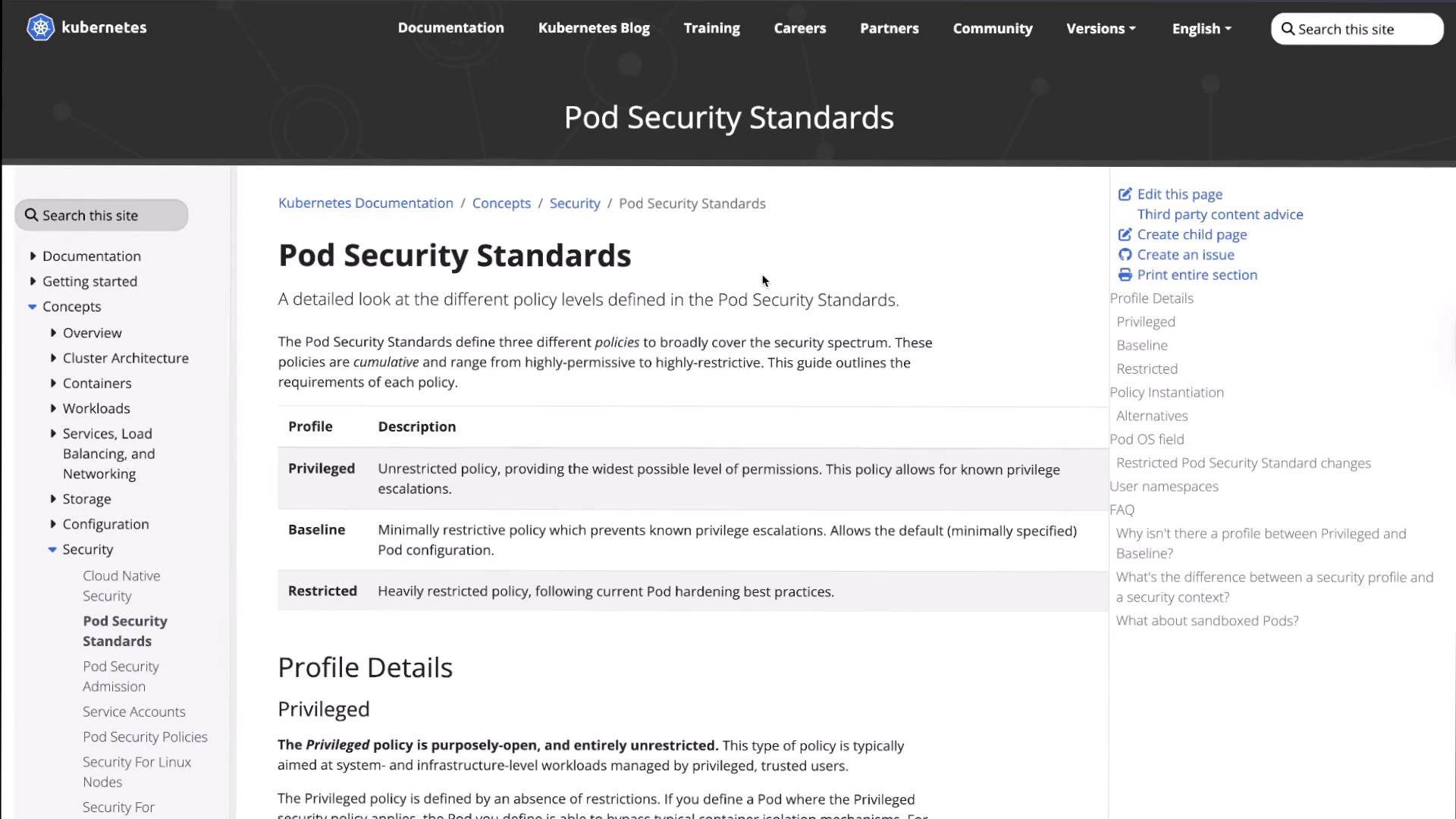 A screenshot of the Kubernetes documentation page titled "Pod Security Standards." It shows a table describing the Privileged, Baseline, and Restricted policy profiles along with site navigation links in the sidebars.