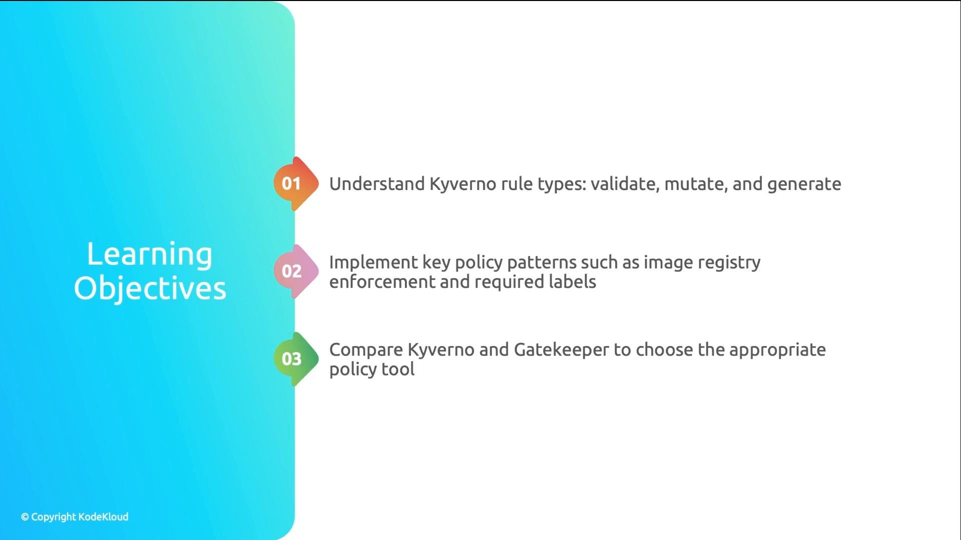 A slide titled "Learning Objectives" with three numbered points. It lists: understand Kyverno rule types (validate, mutate, generate); implement policy patterns like image registry enforcement and required labels; and compare Kyverno and Gatekeeper to choose the right policy tool.