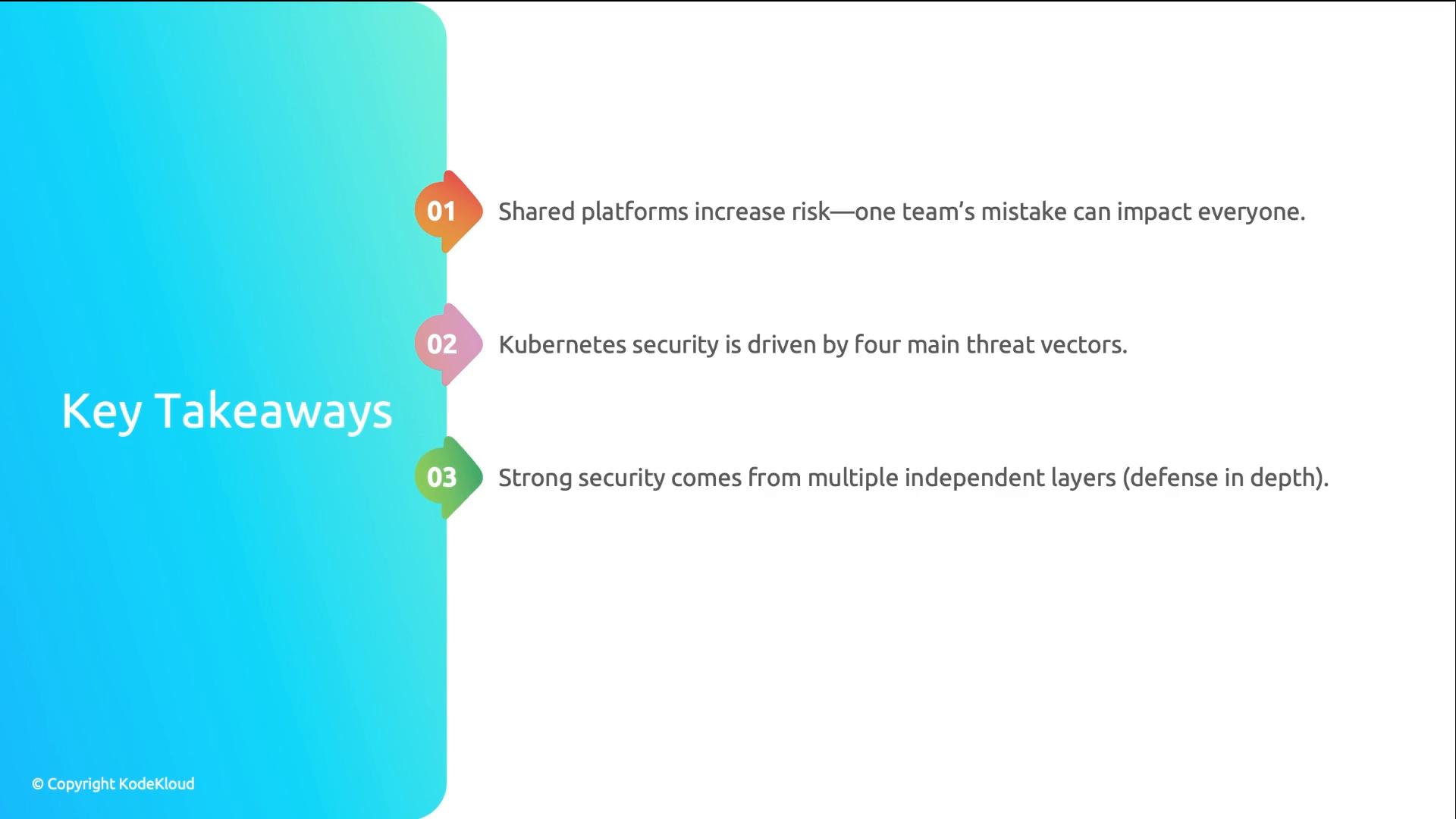 Slide titled "Key Takeaways" with a blue left panel and three numbered items on the right. The points state that shared platforms increase risk, Kubernetes security is driven by four main threat vectors, and strong security requires multiple independent layers (defense in depth).