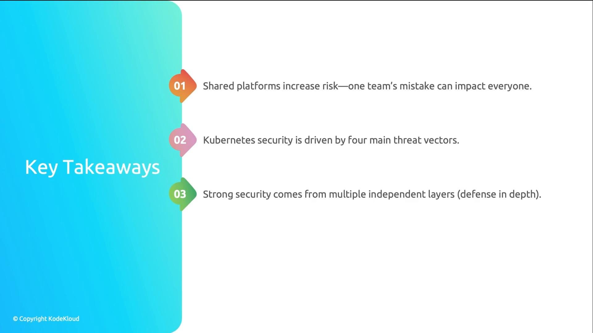 Slide titled "Key Takeaways" with a blue left panel and three numbered items on the right. The points state that shared platforms increase risk, Kubernetes security is driven by four main threat vectors, and strong security requires multiple independent layers (defense in depth).