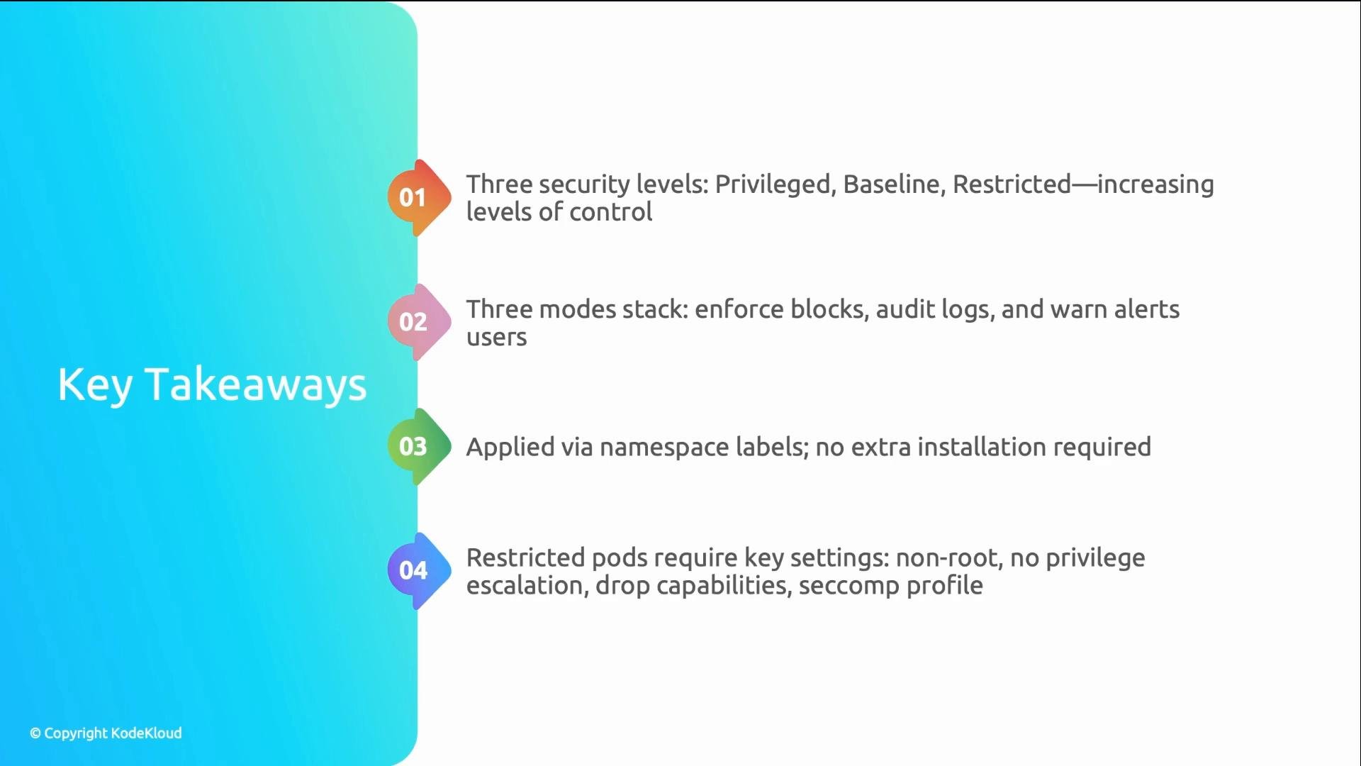 A presentation slide titled "Key Takeaways" showing four numbered security points about privilege levels, enforcement modes, namespace labels, and restricted pod settings. The slide features a blue left panel with colorful numbered markers next to each takeaway.